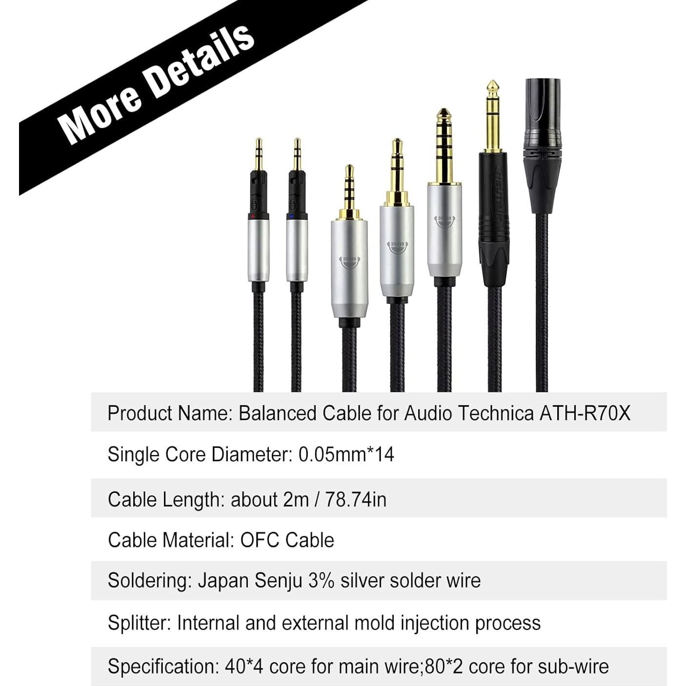 Cable de Reemplazo okcsc para Auriculares Audio-Technica ATH-R70X 2.5mm