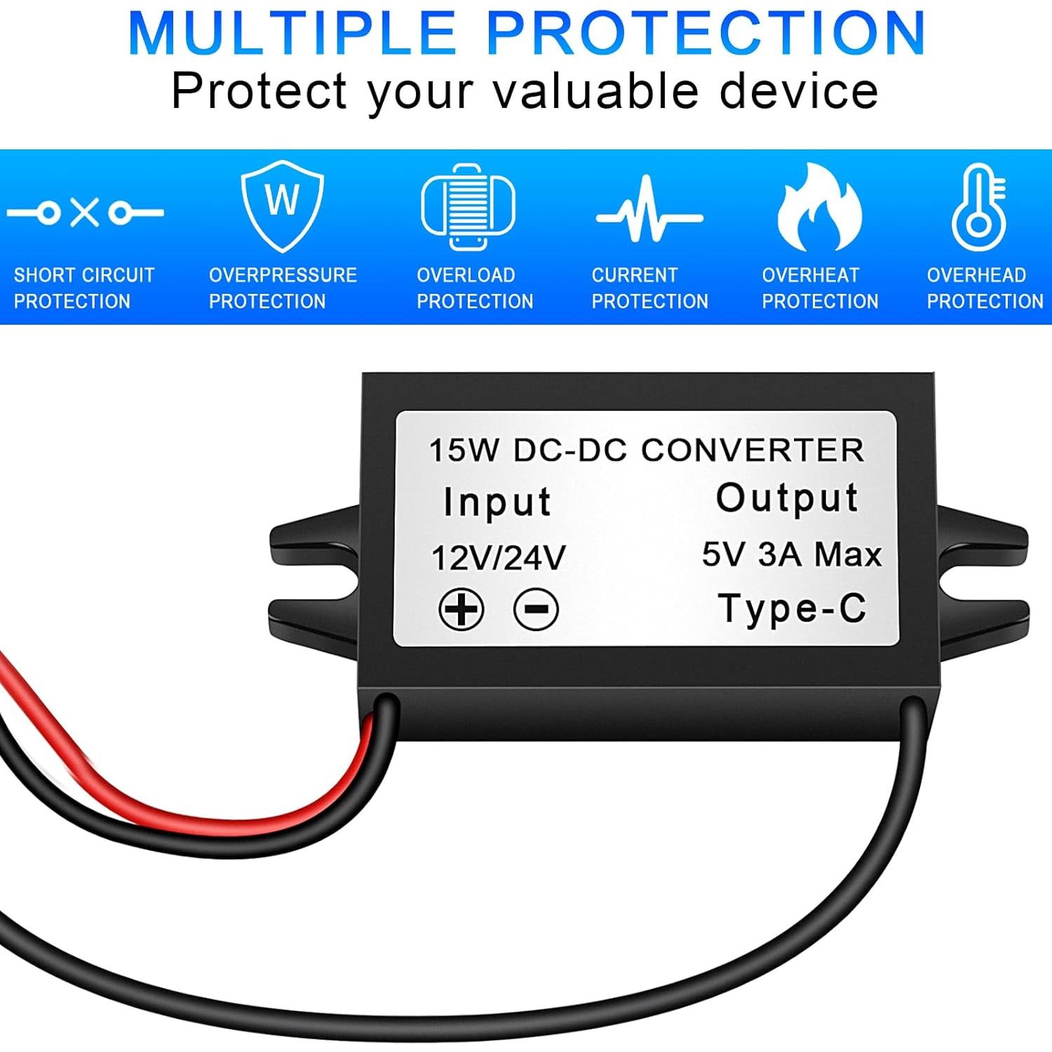 Convertidor Buck 12V/24V a 5V 3A Petutu USB Tipo-C