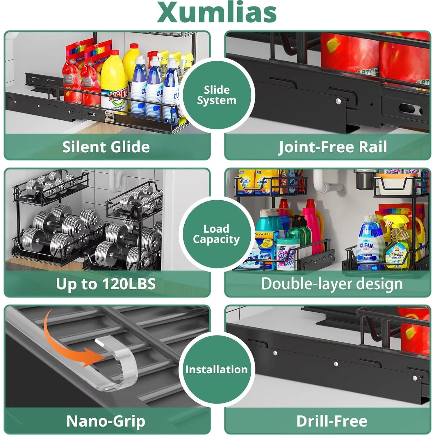 Organizador Bajo el Fregadero Xumilas 60Lbs 2-Pack Negro