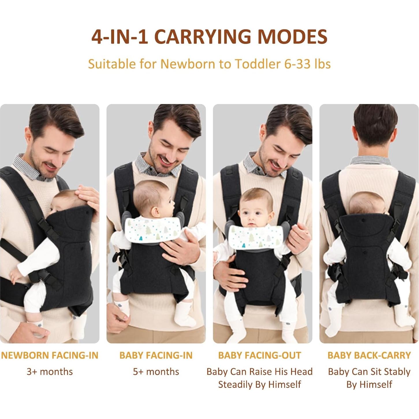 Portabebés Ergonómico Ajustable 4-en-1 con Toalla Saliva Negro