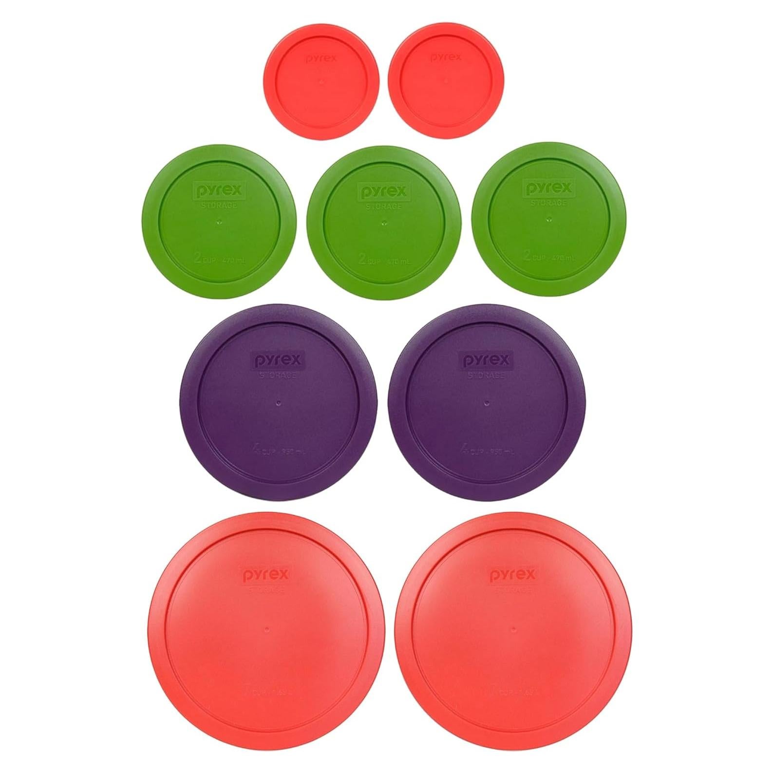 Tapas Pyrex 7202-PC 1T Roja, 7200-PC 2T Verde, 7201-PC 4T Púrpura, 7402-PC 6/7T Rojas - Hecho en EE. UU.