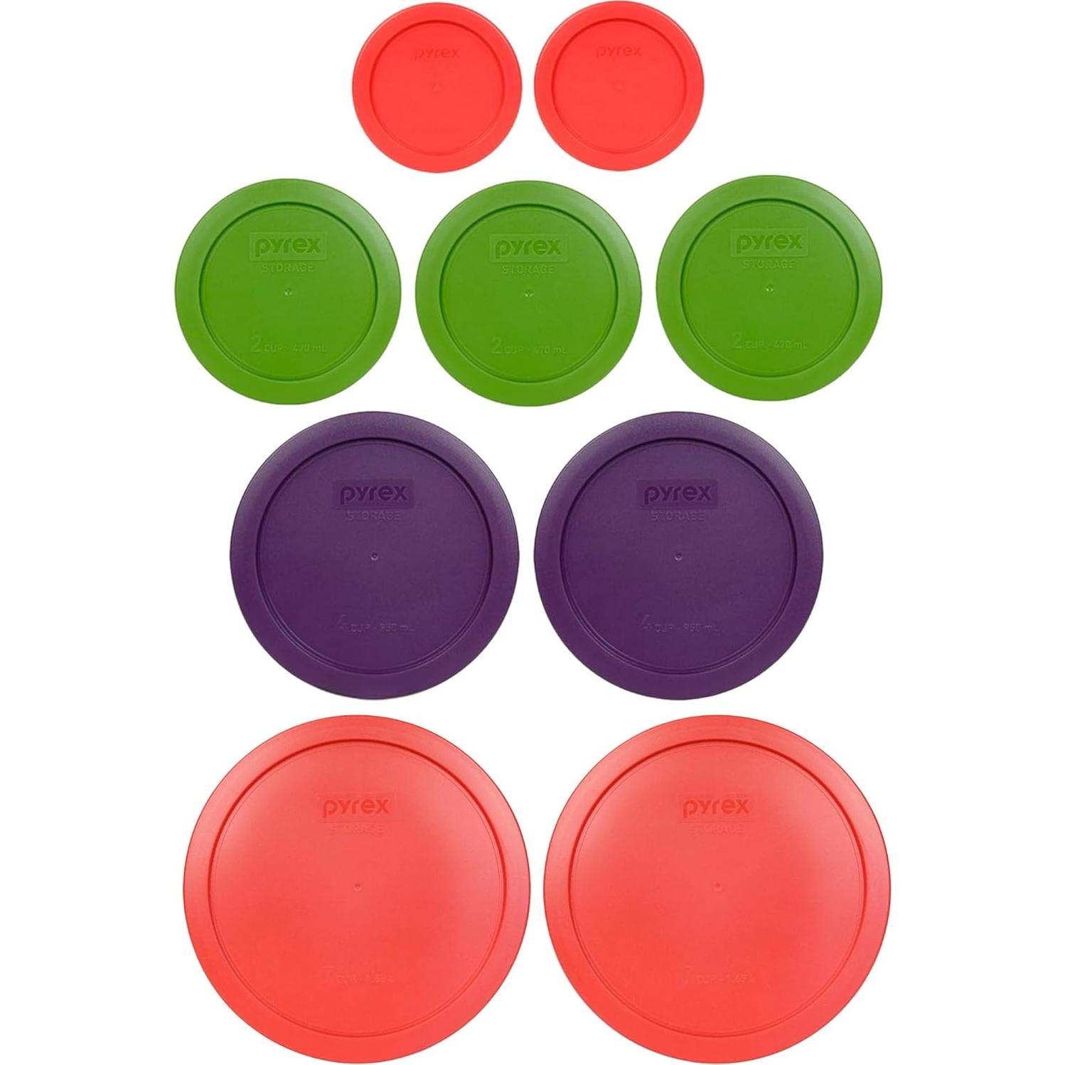 Tapas Pyrex 7202-PC 1T Roja, 7200-PC 2T Verde, 7201-PC 4T Púrpura, 7402-PC 6/7T Rojas - Hecho en EE. UU.