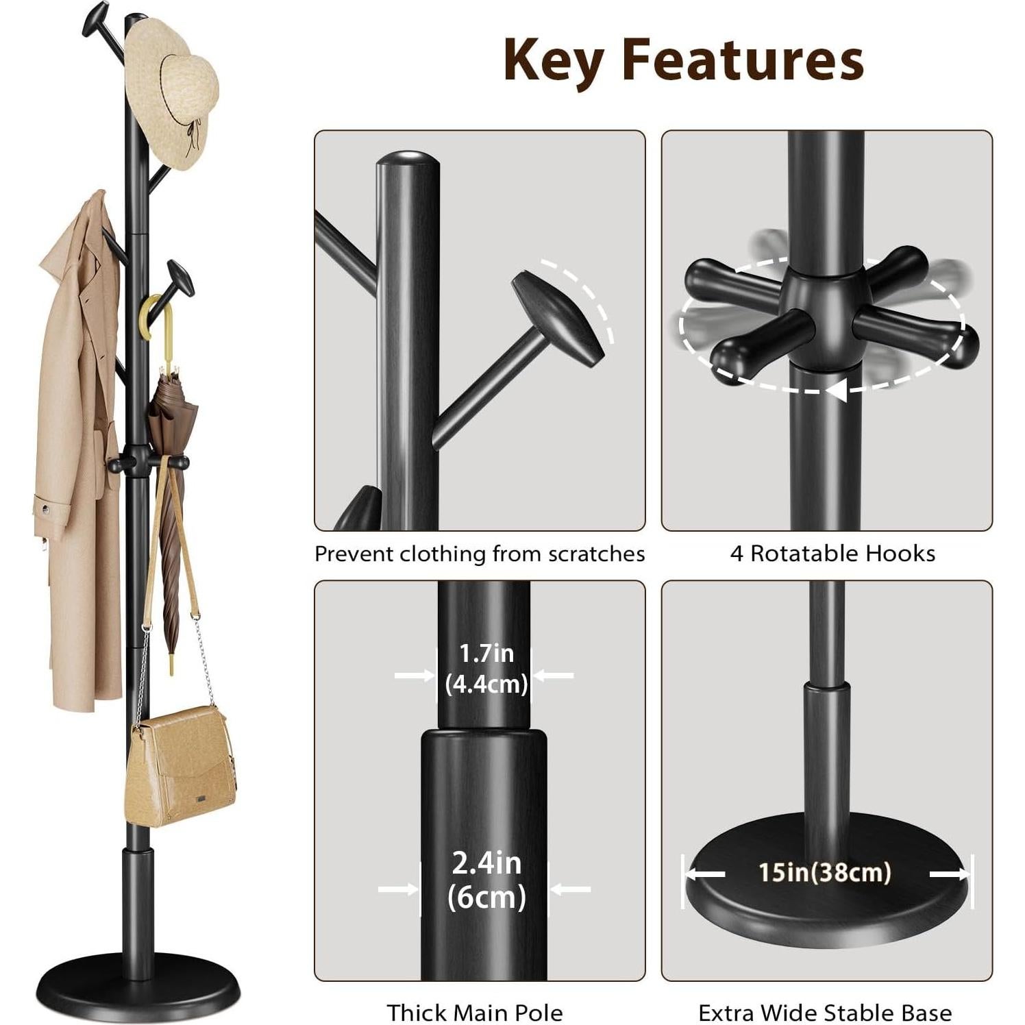 Perchero de Madera Sólida Taitiy 10 Ganchos 68 kg Negro