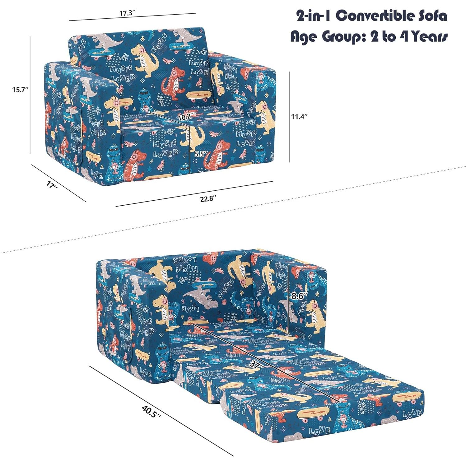 Sofá cama convertible para niños Ulax, diseño dinosaurio