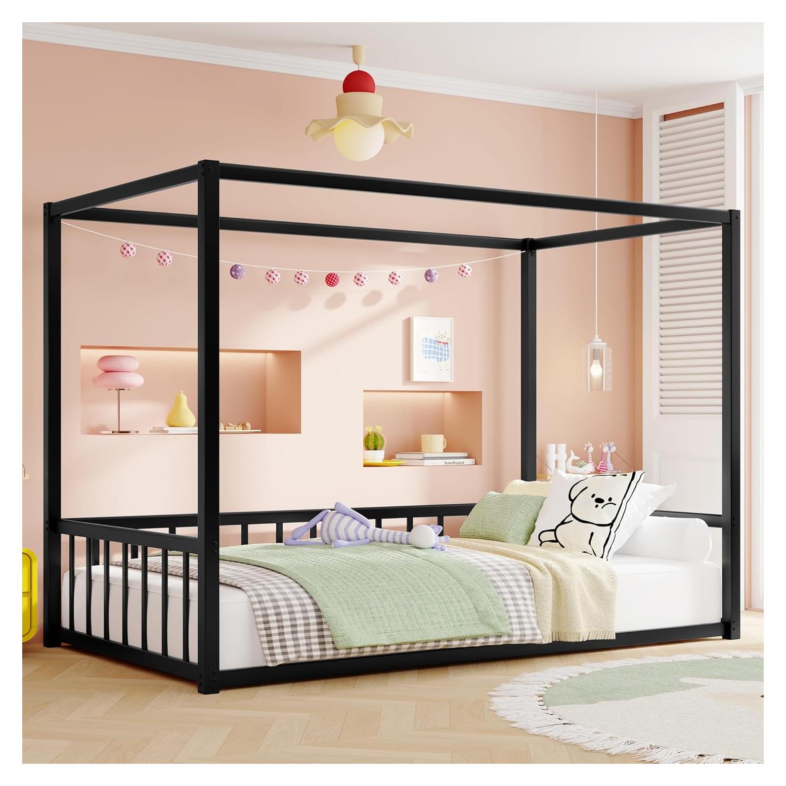 Marco de Cama Montessori Twin Klwenas Maec Negro con Dosel