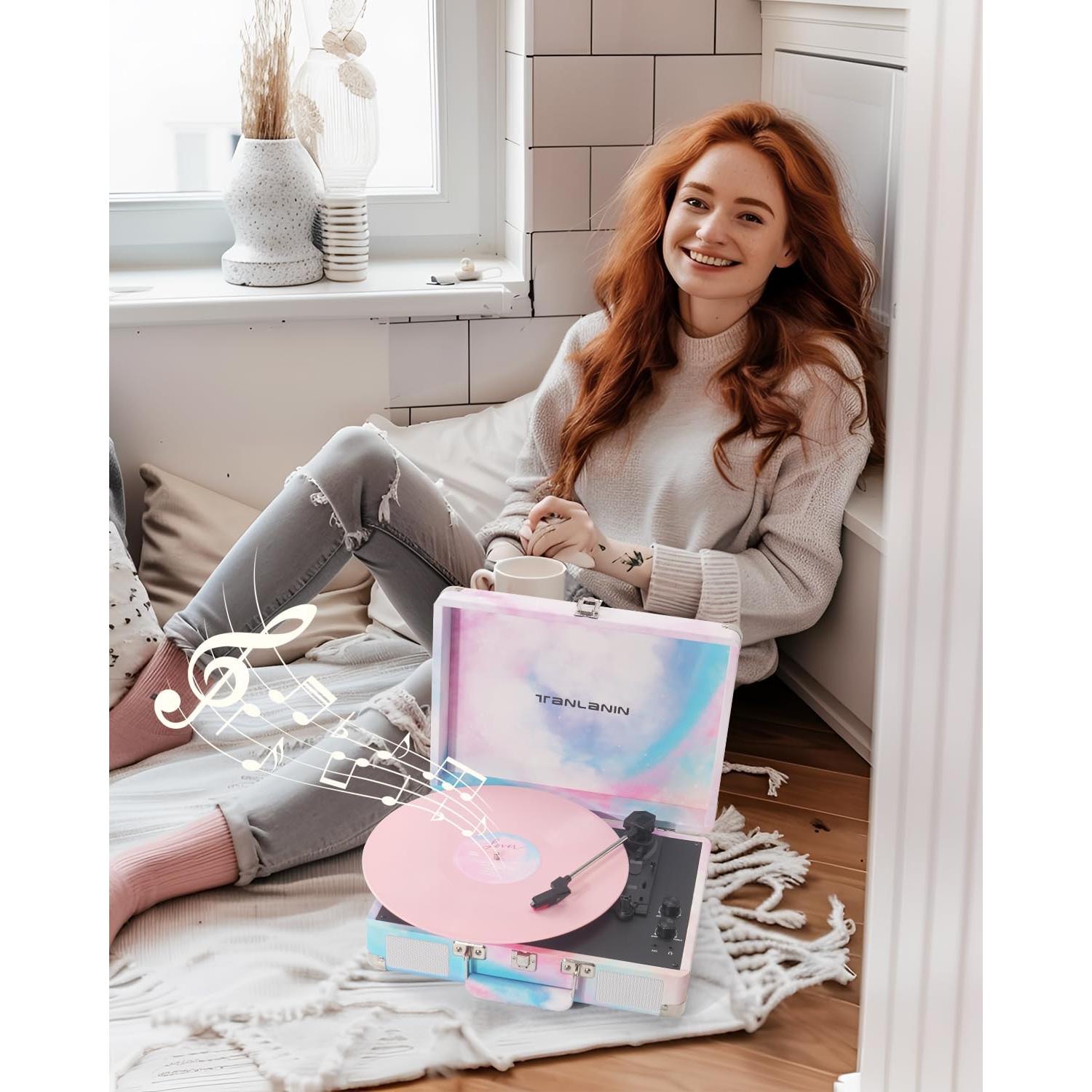 Reproductor de Vinilo TANLANIN TE-001DBW Acuarela Azul 3 Velocidades