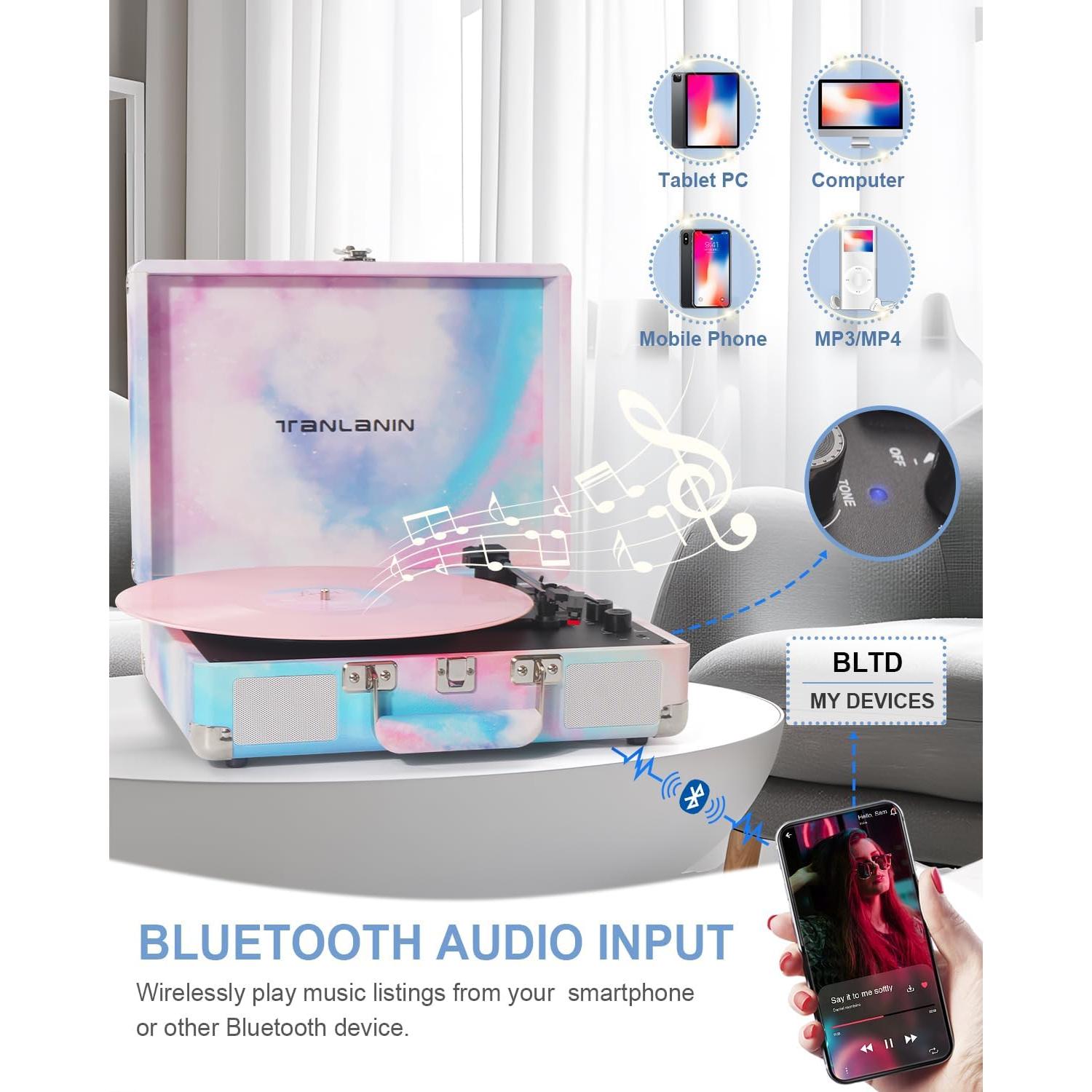 Reproductor de Vinilo TANLANIN TE-001DBW Acuarela Azul 3 Velocidades