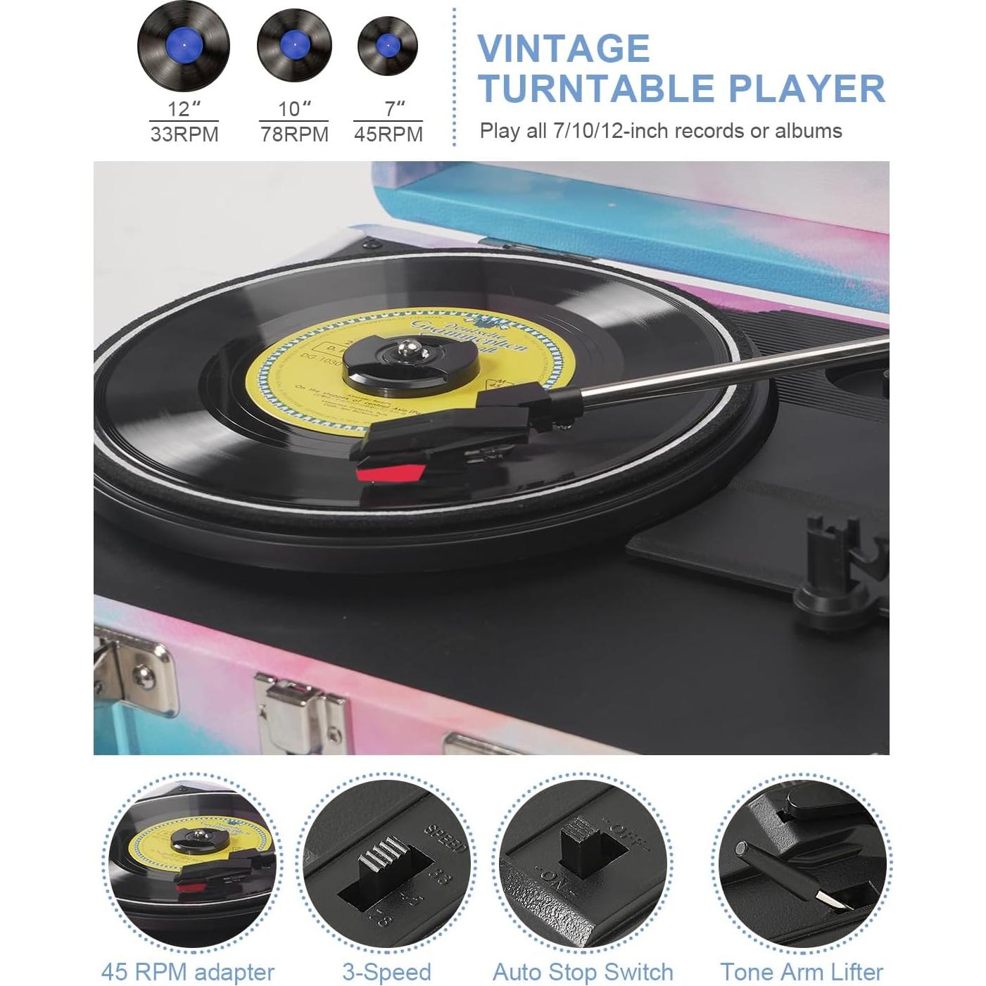 Reproductor de Vinilo TANLANIN TE-001DBW Acuarela Azul 3 Velocidades