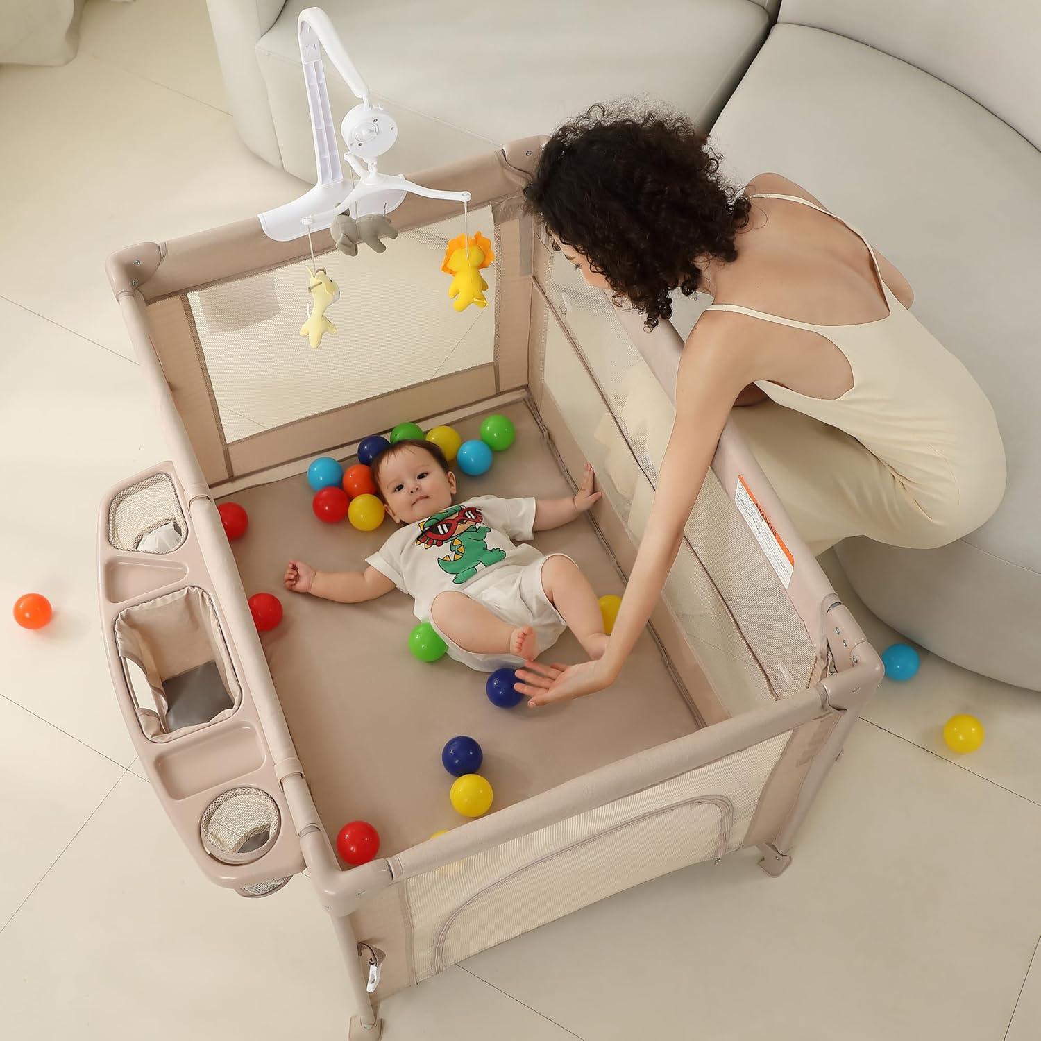 Cuna de Bebé 5 en 1 A2DAO Beige - Parque Infantil Plegable