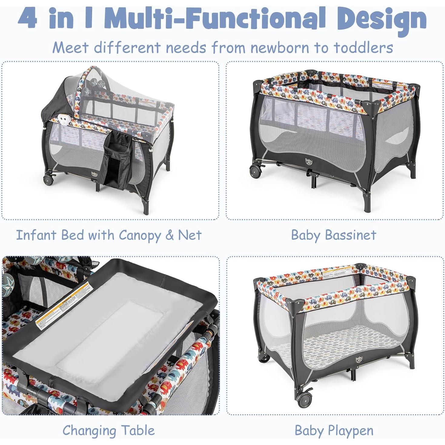 Cuna portátil 4 en 1 BABY JOY Elefante Colorido con dosel