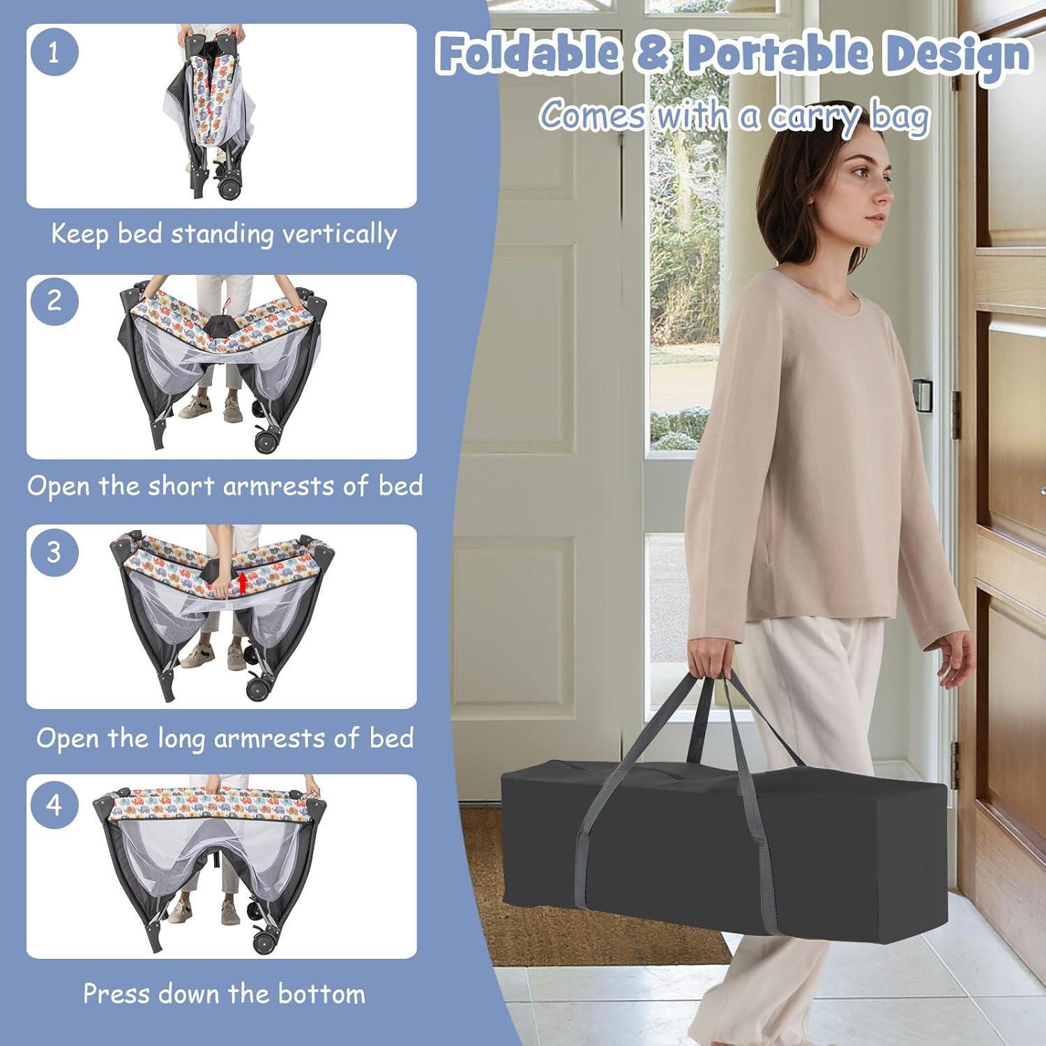 Cuna portátil 4 en 1 BABY JOY Elefante Colorido con dosel