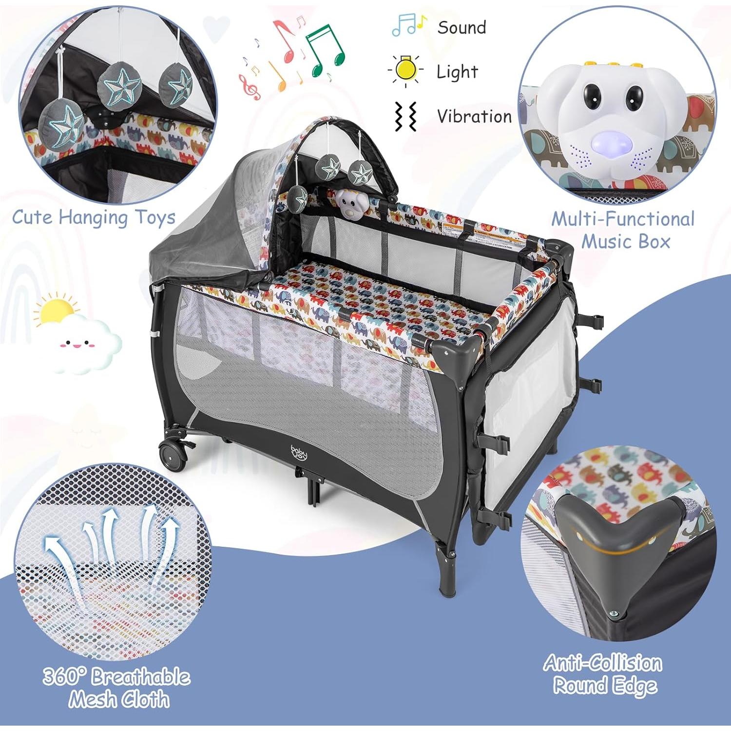 Cuna portátil 4 en 1 BABY JOY Elefante Colorido con dosel