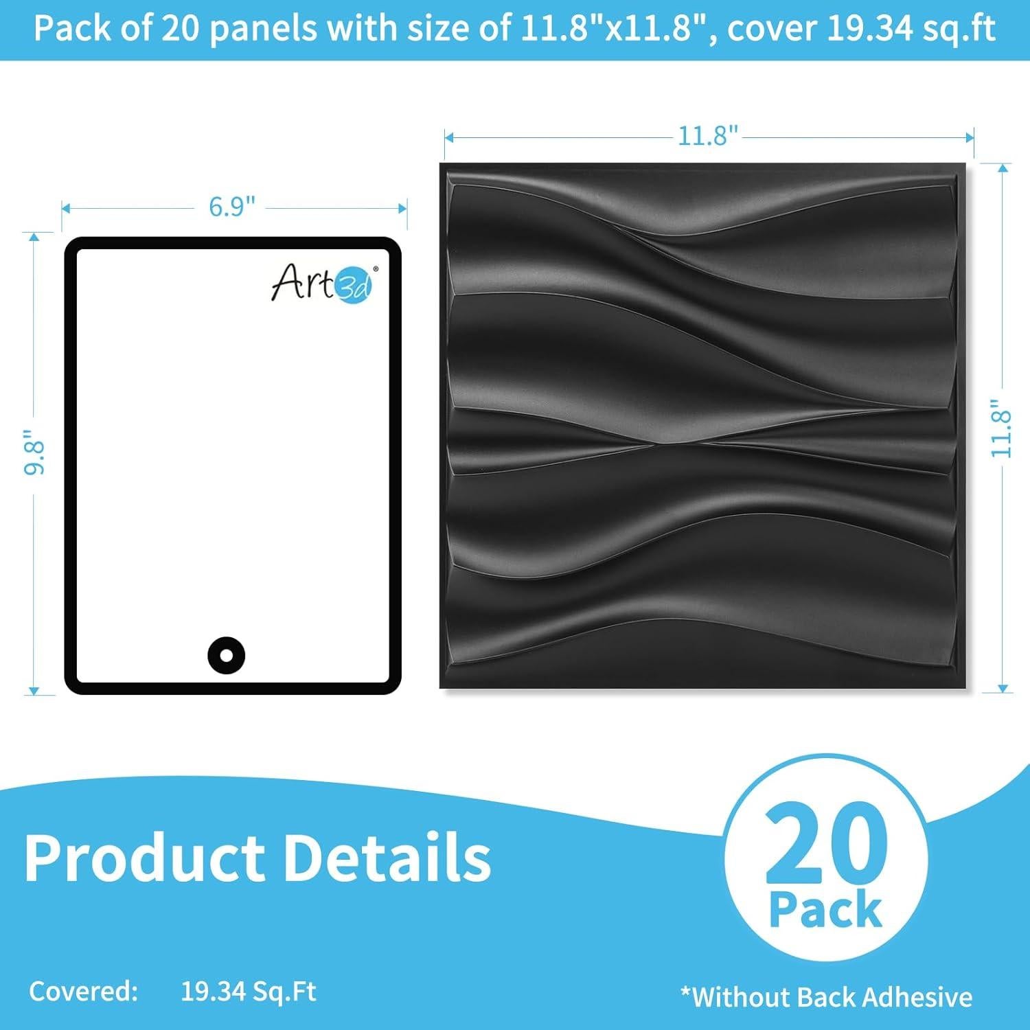 Paneles de Pared 3D Art3d - 20 Piezas PVC 30x30 cm Negro