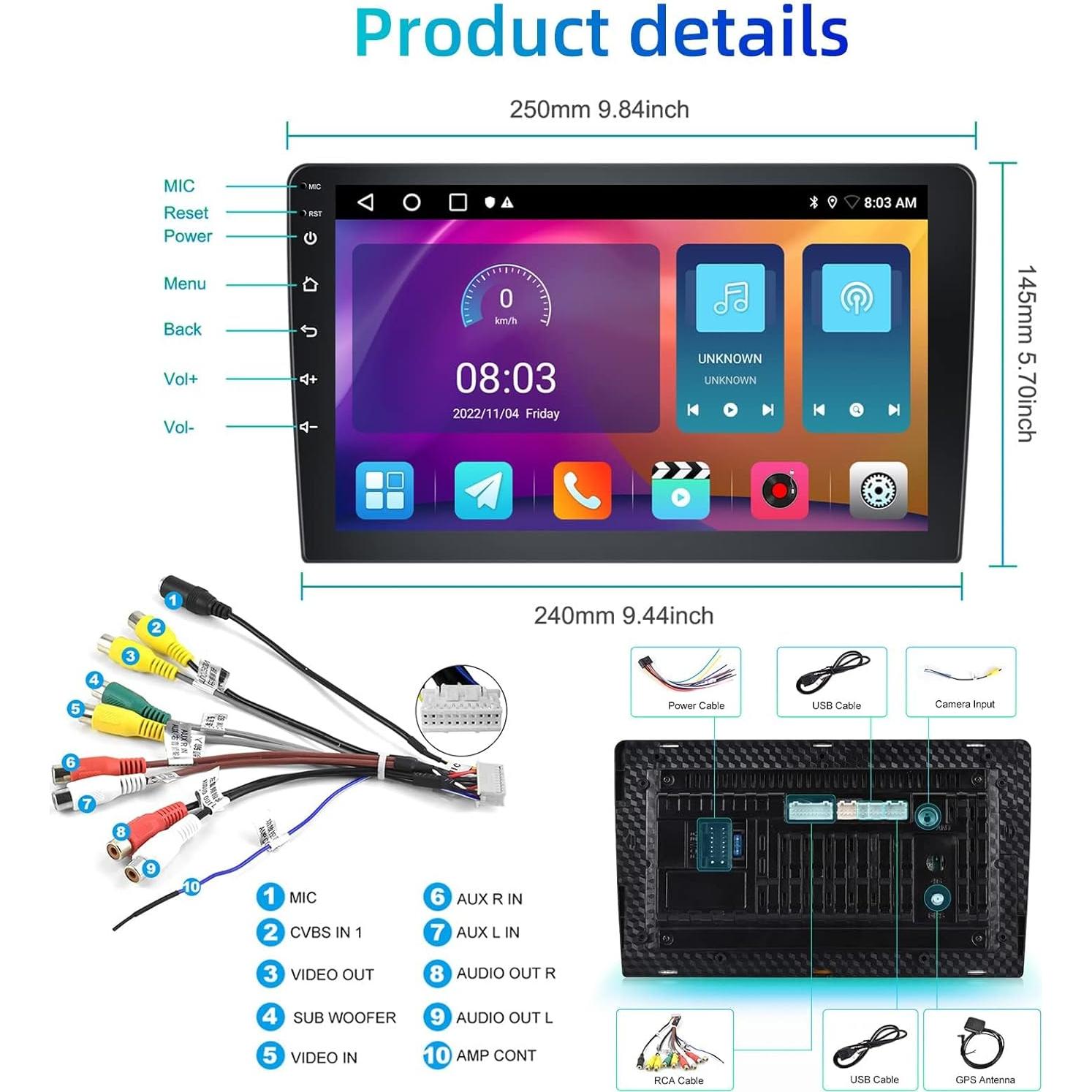 Estéreo de Coche Podofo 10.1" Android 2GB+32GB Carplay Auto