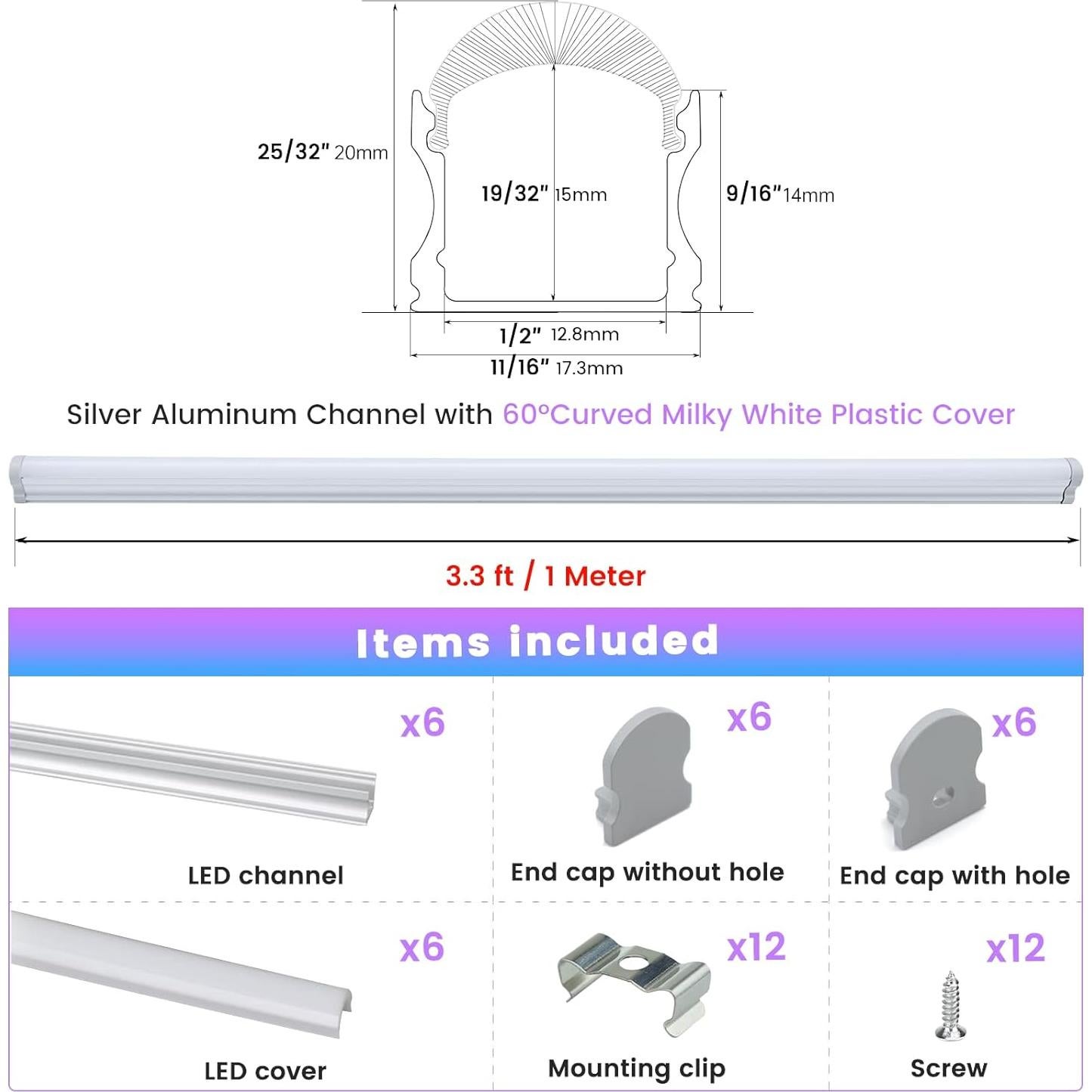 Canal LED Muzata U108 1M 6Pack Cubierta Blanca Lechosa