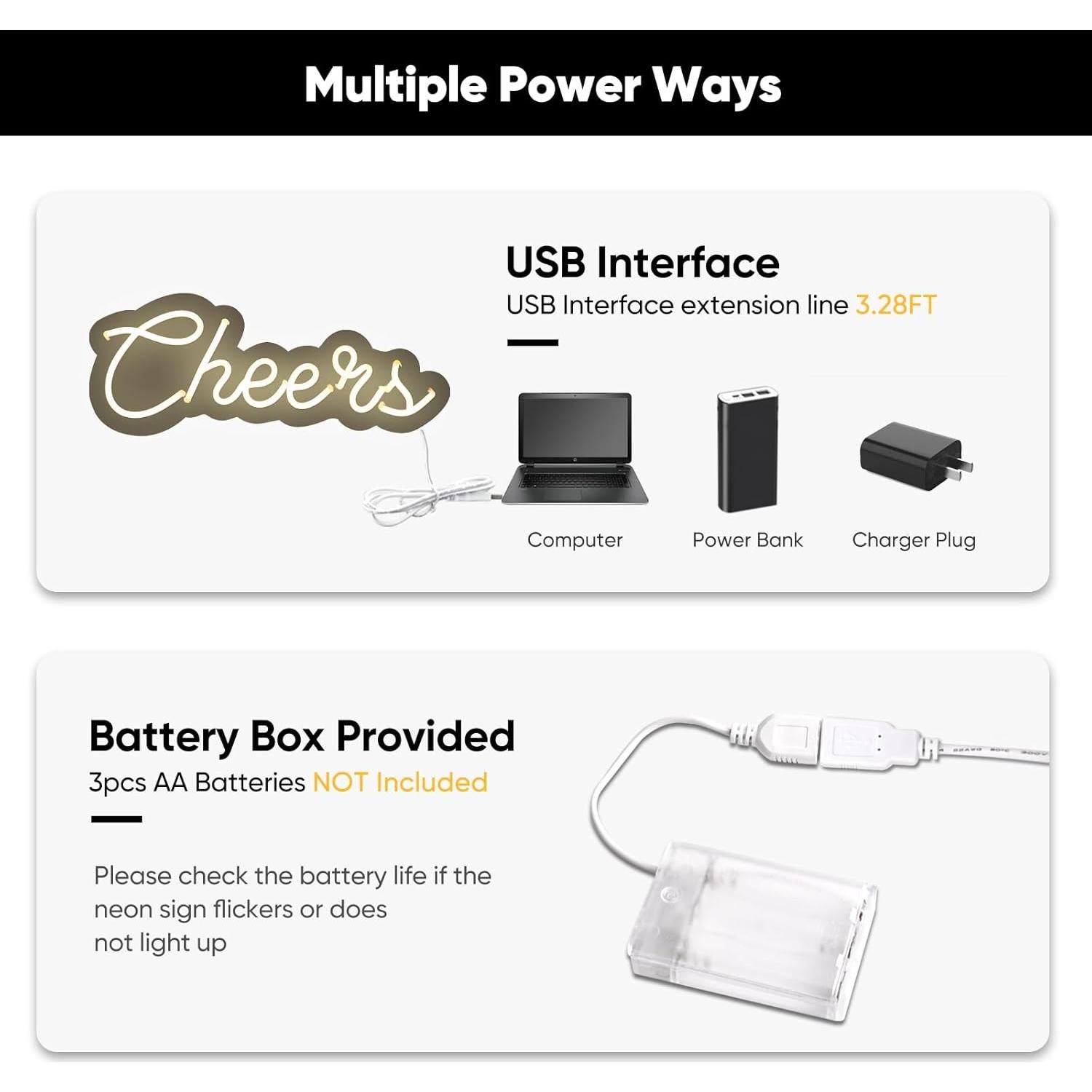 Letrero de Neón LED KANAYA Cheers Blanco Cálido 35 cm USB