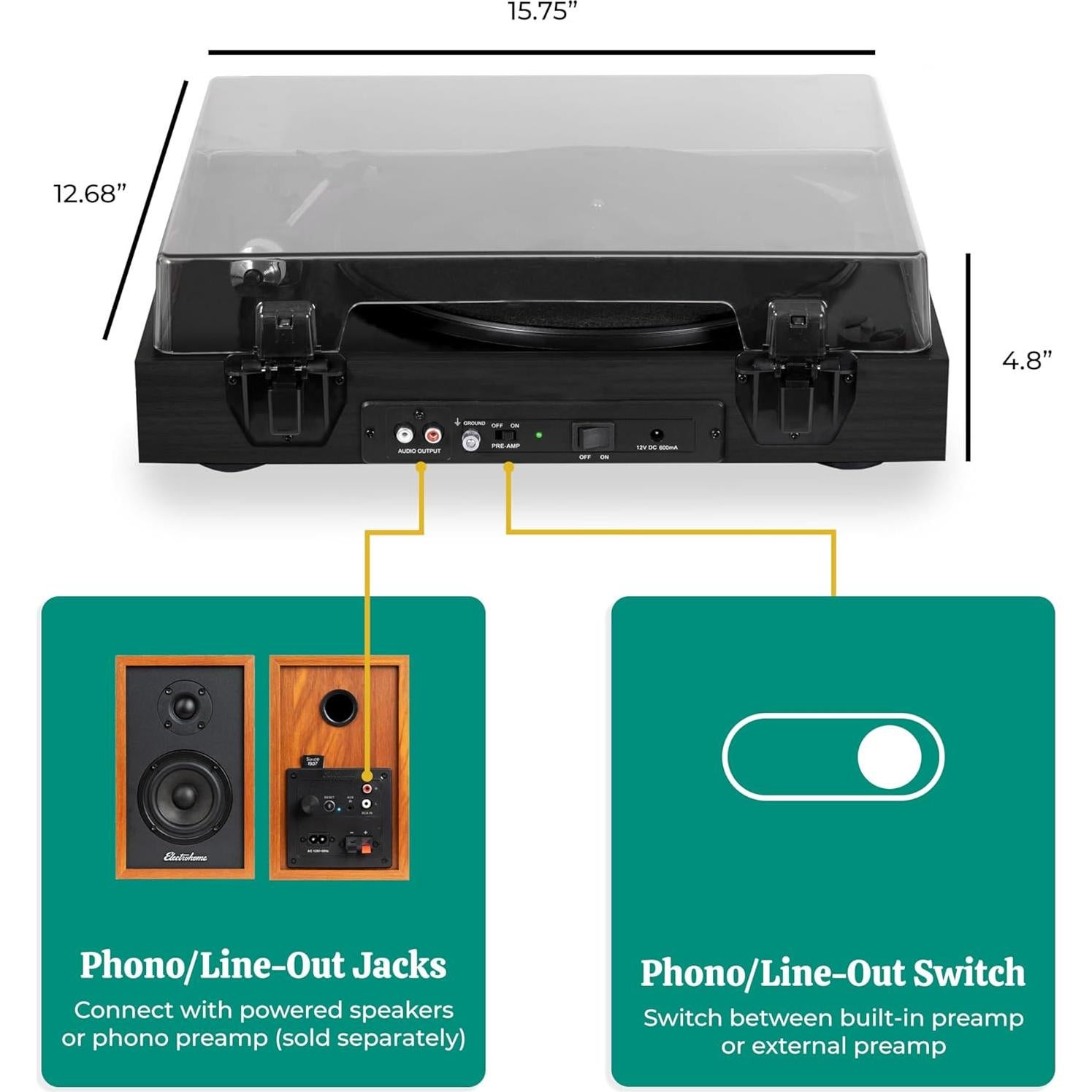 Reproductor de Vinilo Electrohome Montrose RR35B con Estiló Audio-Technica