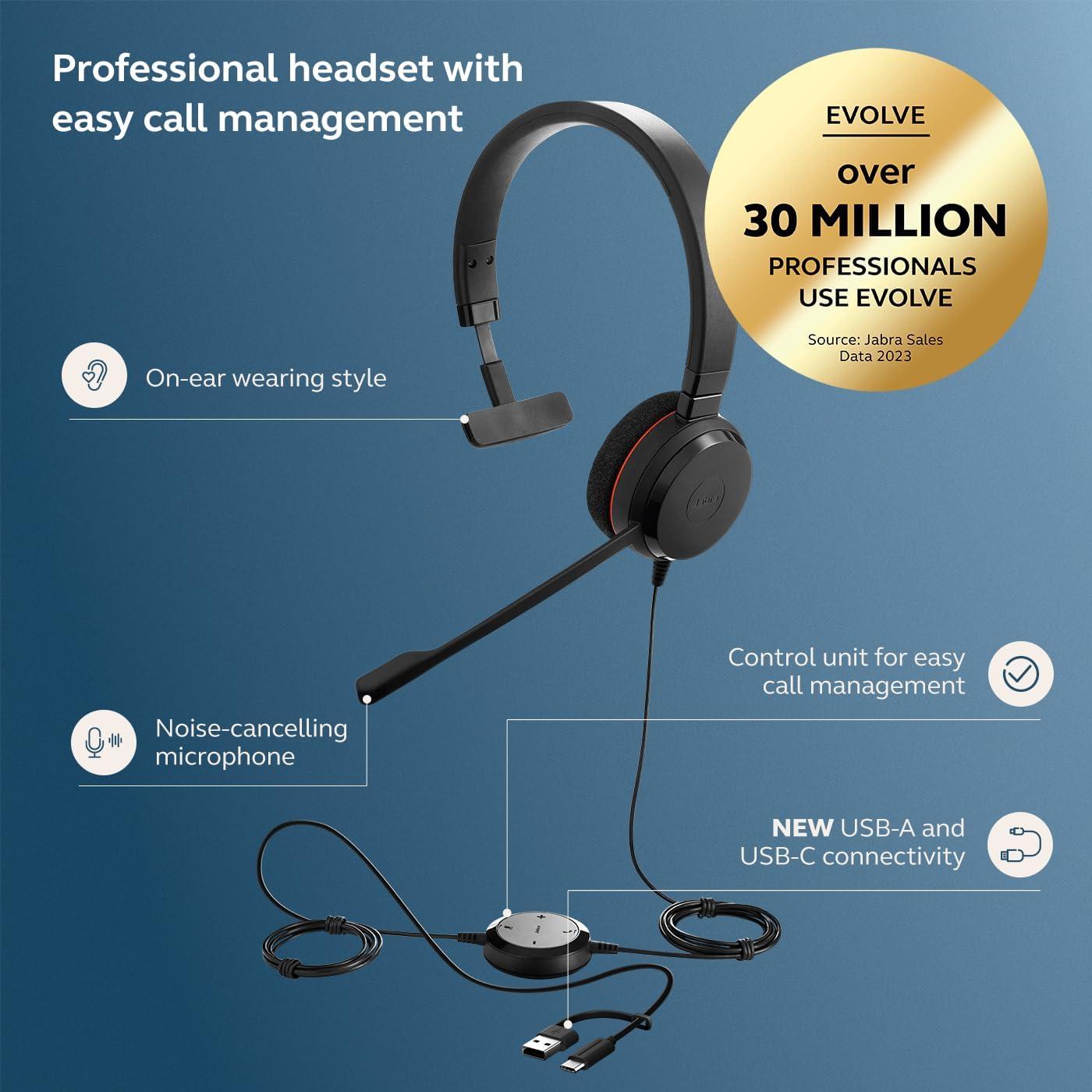 Auricular Jabra Evolve 20 con Cable USB-C/A - Oficina y Trabajo