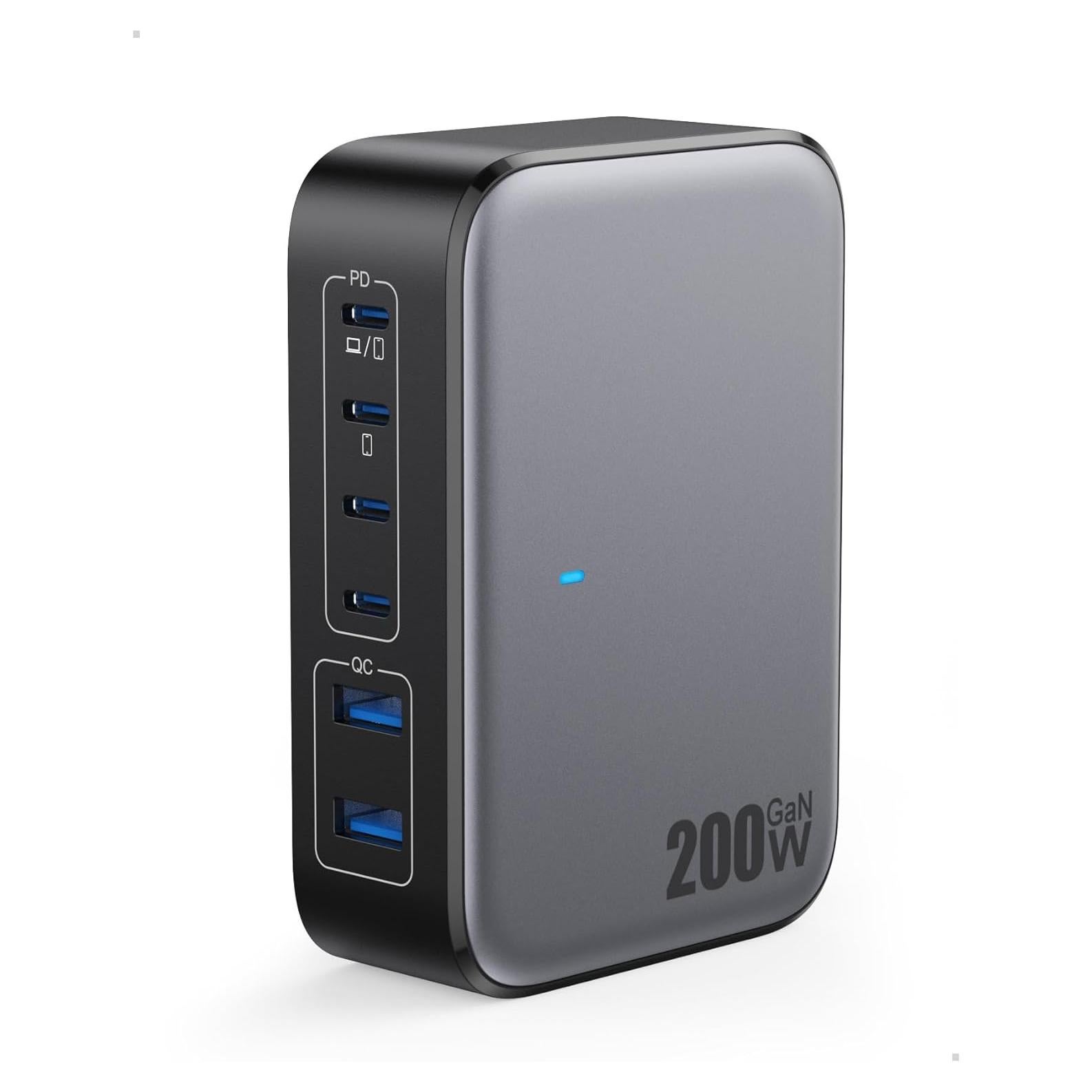 USB C Charger 200W USB Charging Block,6 Ports GaN IV Foldable Wall Charger Outlet Plug,QC4.0 Fast Charging Station Hub,PD 65W Laptop Adapter for MacBook Pro/Air,Dell,iPhone 16/15,Galaxy,Steam Deck