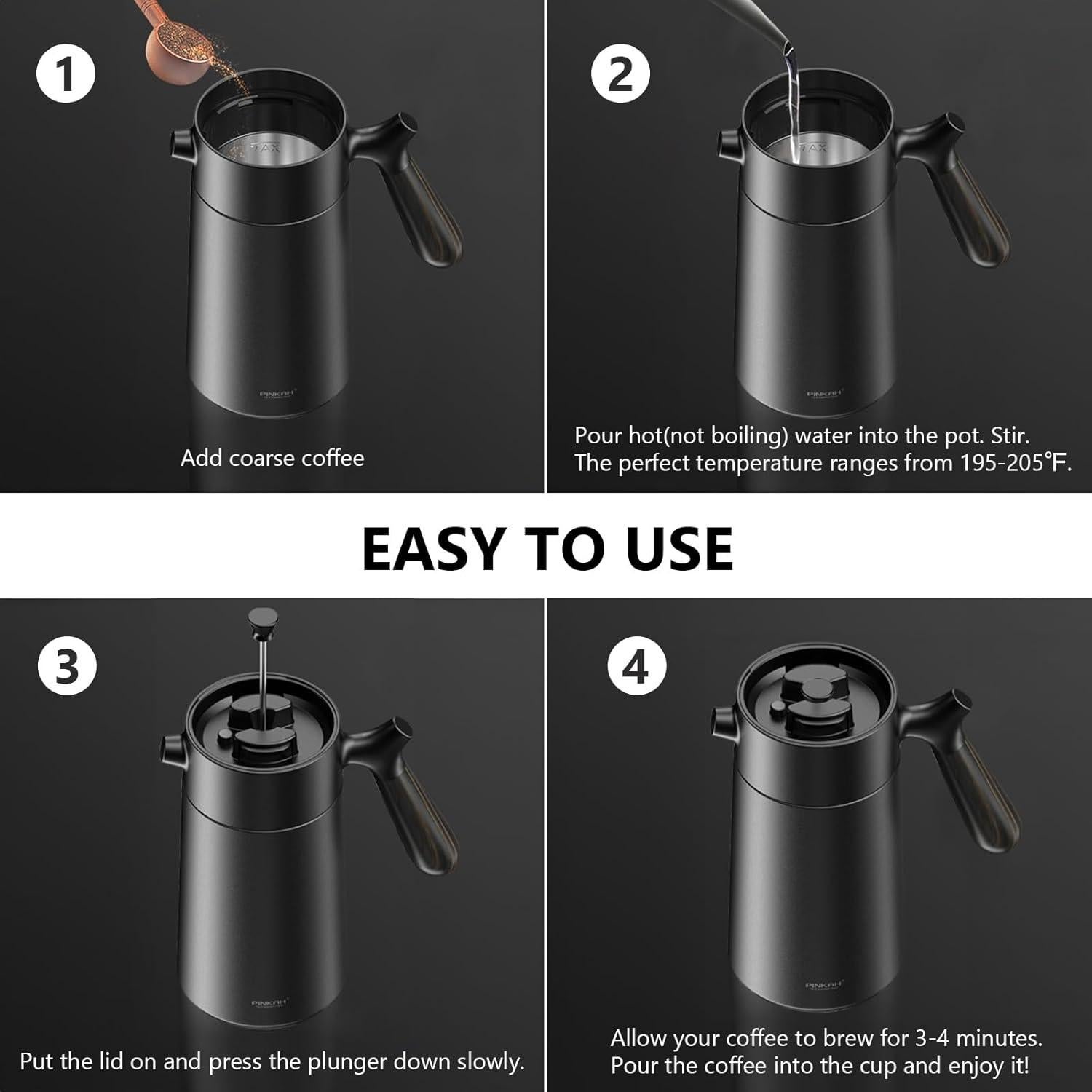 Cafetera Prensa Francesa PINKAH 32oz Acero Inoxidable Negro Mate