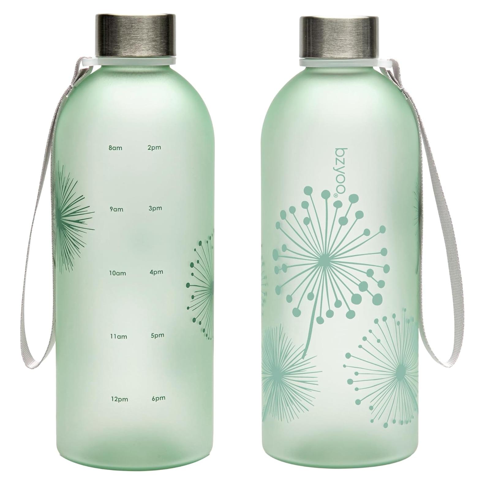 Botella de Agua Bzyoo 1L Verde Diente de León con Marcador de Tiempo