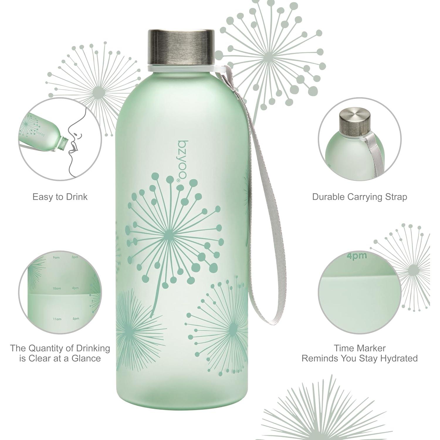 Botella de Agua Bzyoo 1L Verde Diente de León con Marcador de Tiempo