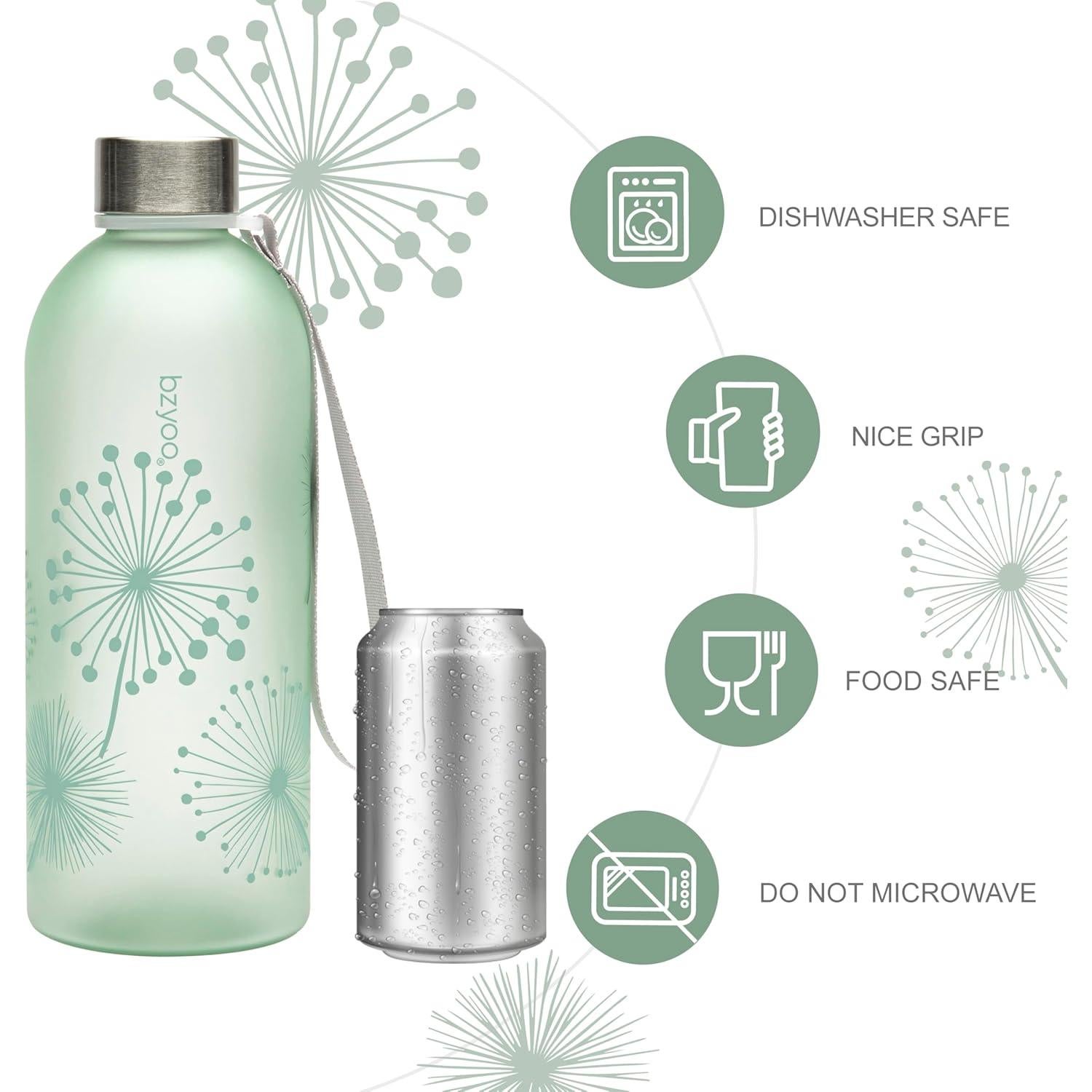 Botella de Agua Bzyoo 1L Verde Diente de León con Marcador de Tiempo