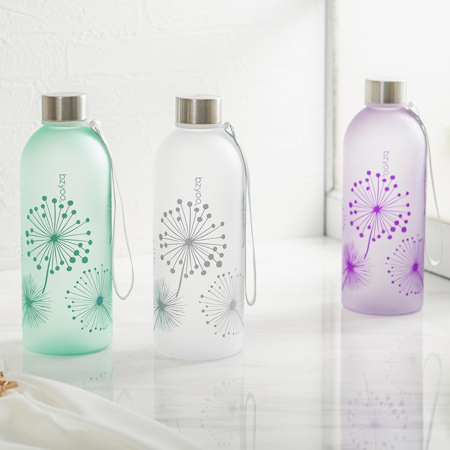 Botella de Agua Bzyoo 1L Verde Diente de León con Marcador de Tiempo