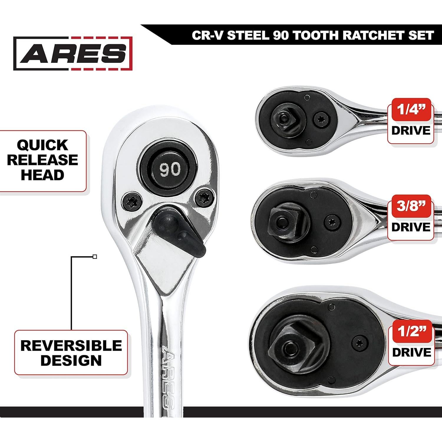 Juego de Carraca ARES 3 Piezas 90 Dientes Acero Cromo