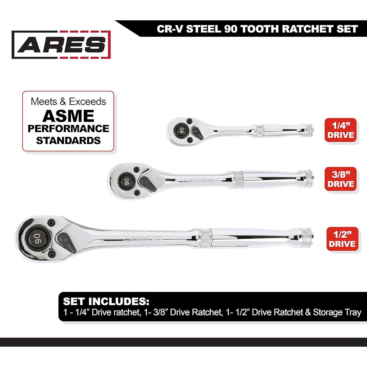 Juego de Carraca ARES 3 Piezas 90 Dientes Acero Cromo