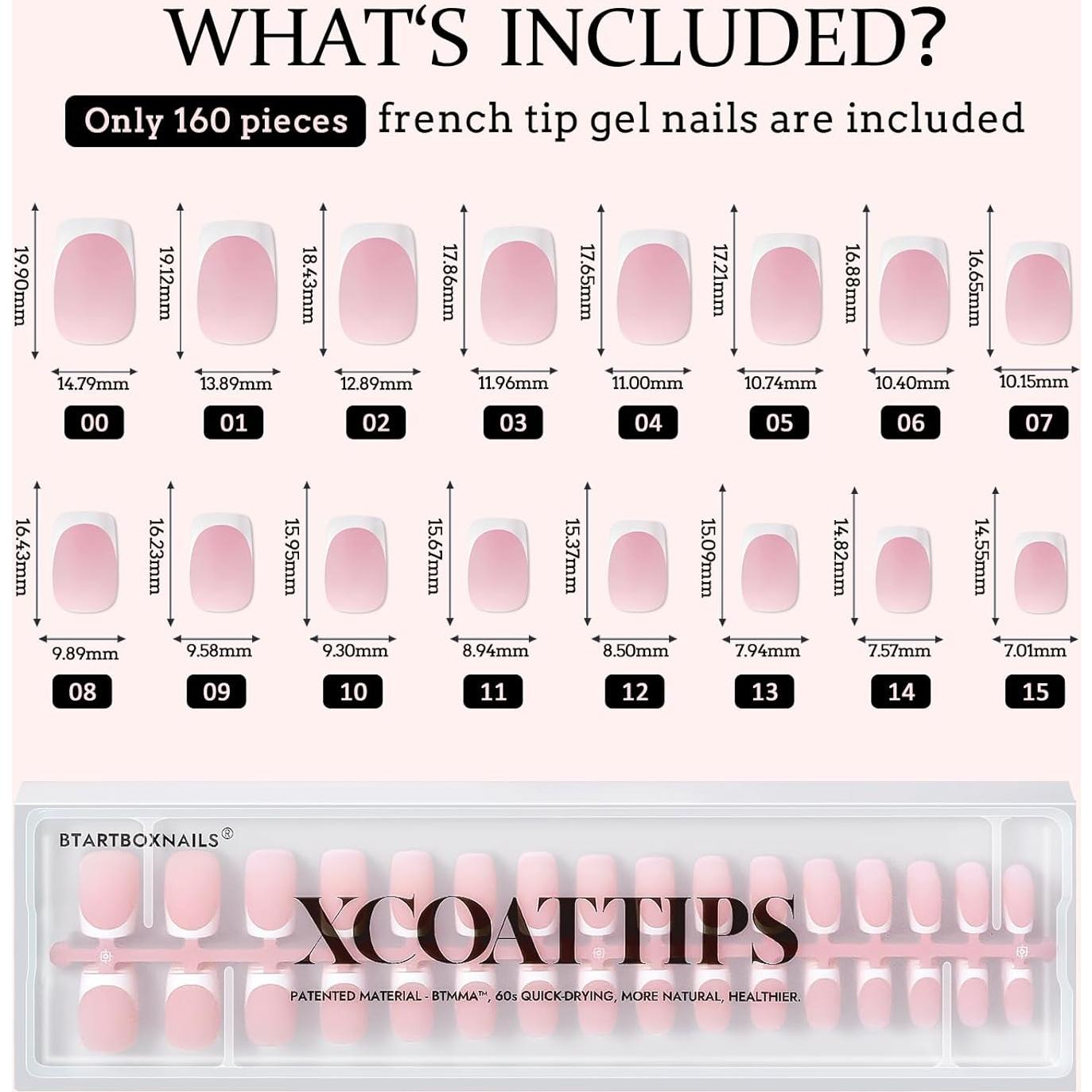 Uñas Cortas Autoadhesivas BTArtboxnails Punta Francesa 160 Pcs