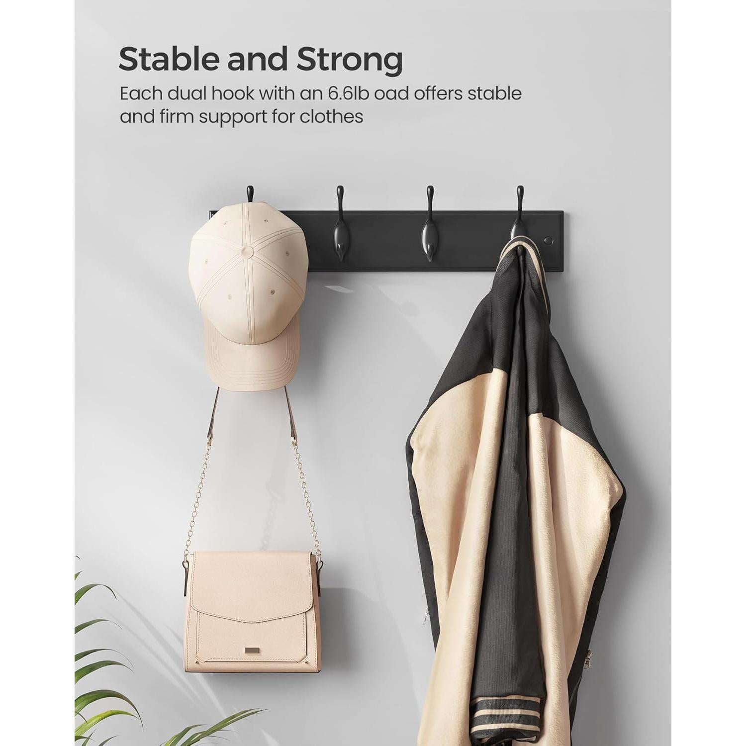 Perchero de Pared SONGMICS Negro con 4 Ganchos Dobles