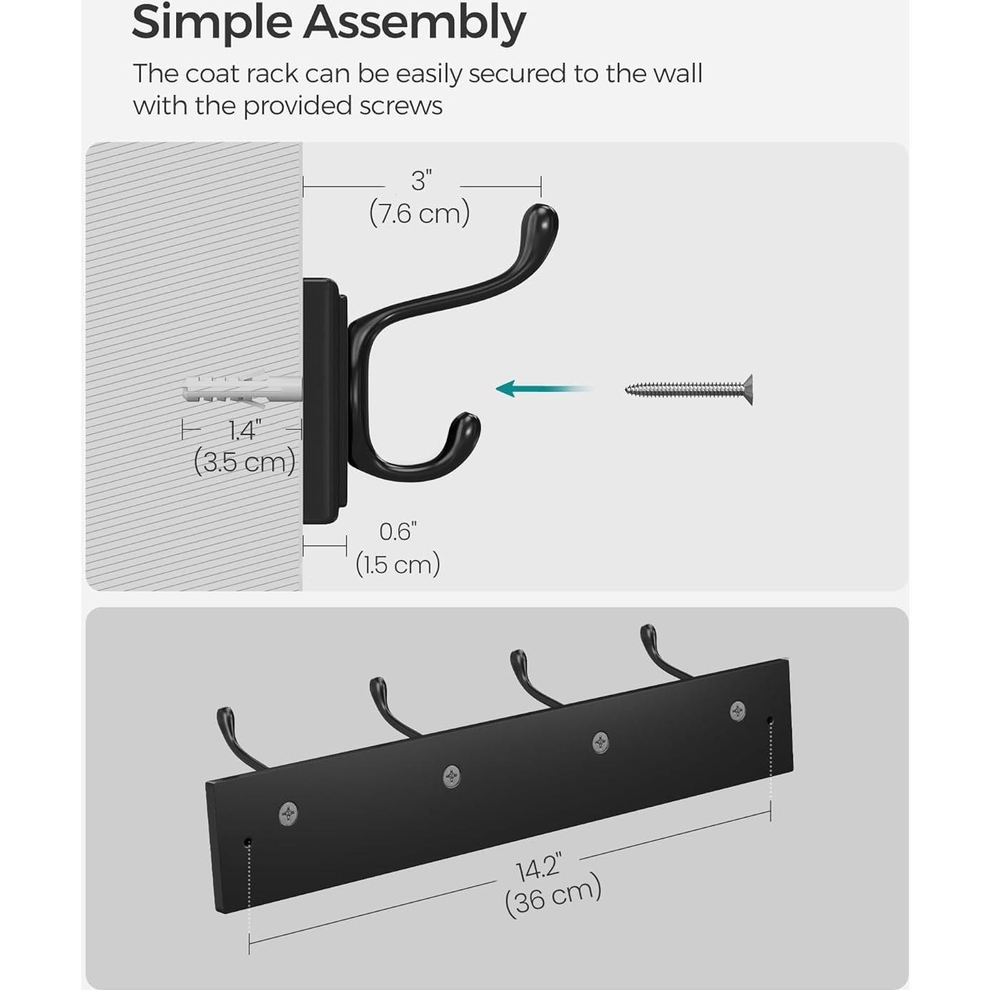 Perchero de Pared SONGMICS Negro con 4 Ganchos Dobles