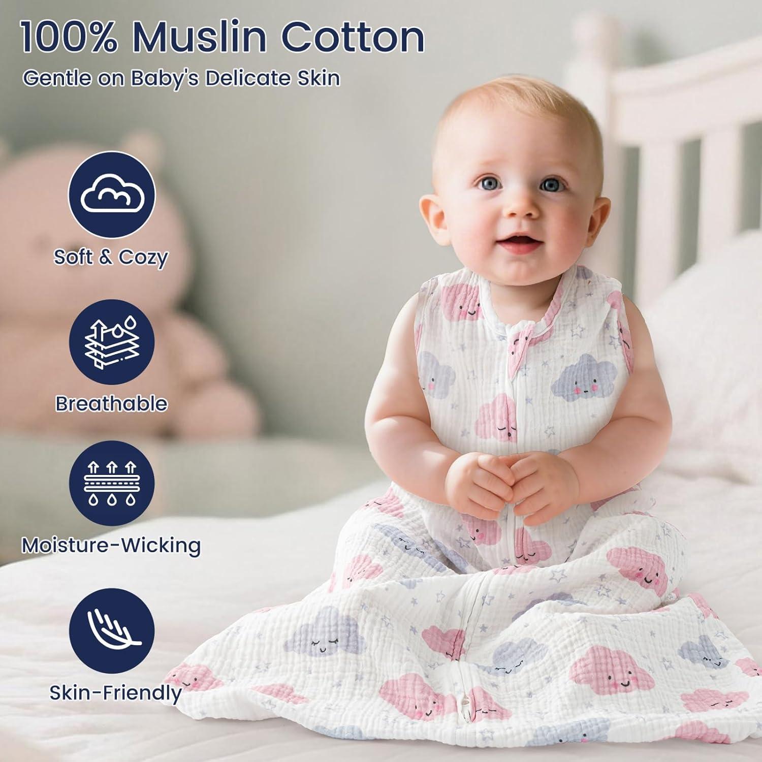 Saco de Dormir PHF 100% Algodón Muselina 0-6 Meses Nubes