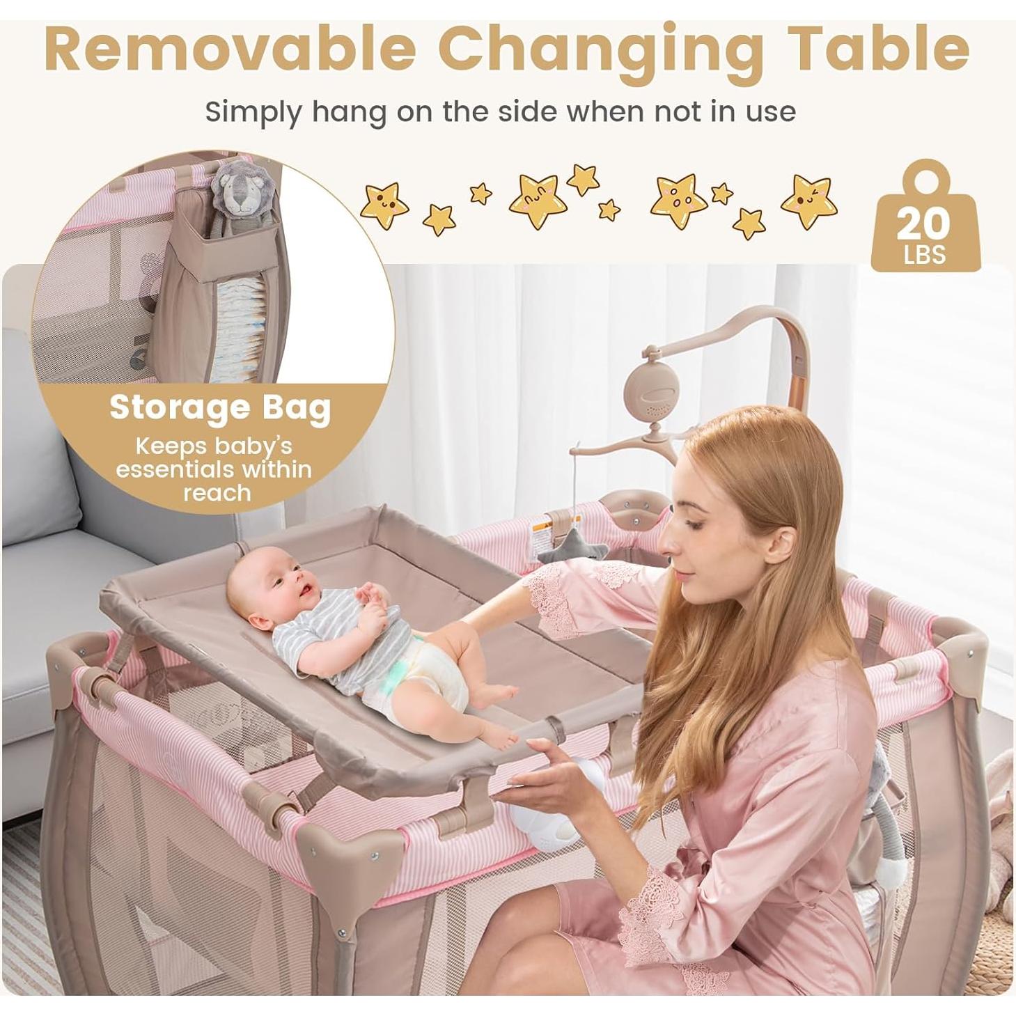 Cuna de Viaje 3 en 1 Costzon Rosa Plegable con Cambiador