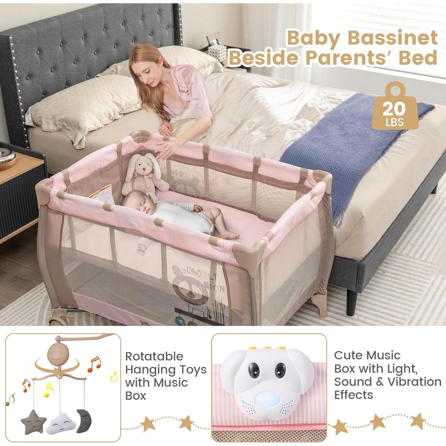 Cuna de Viaje 3 en 1 Costzon Rosa Plegable con Cambiador