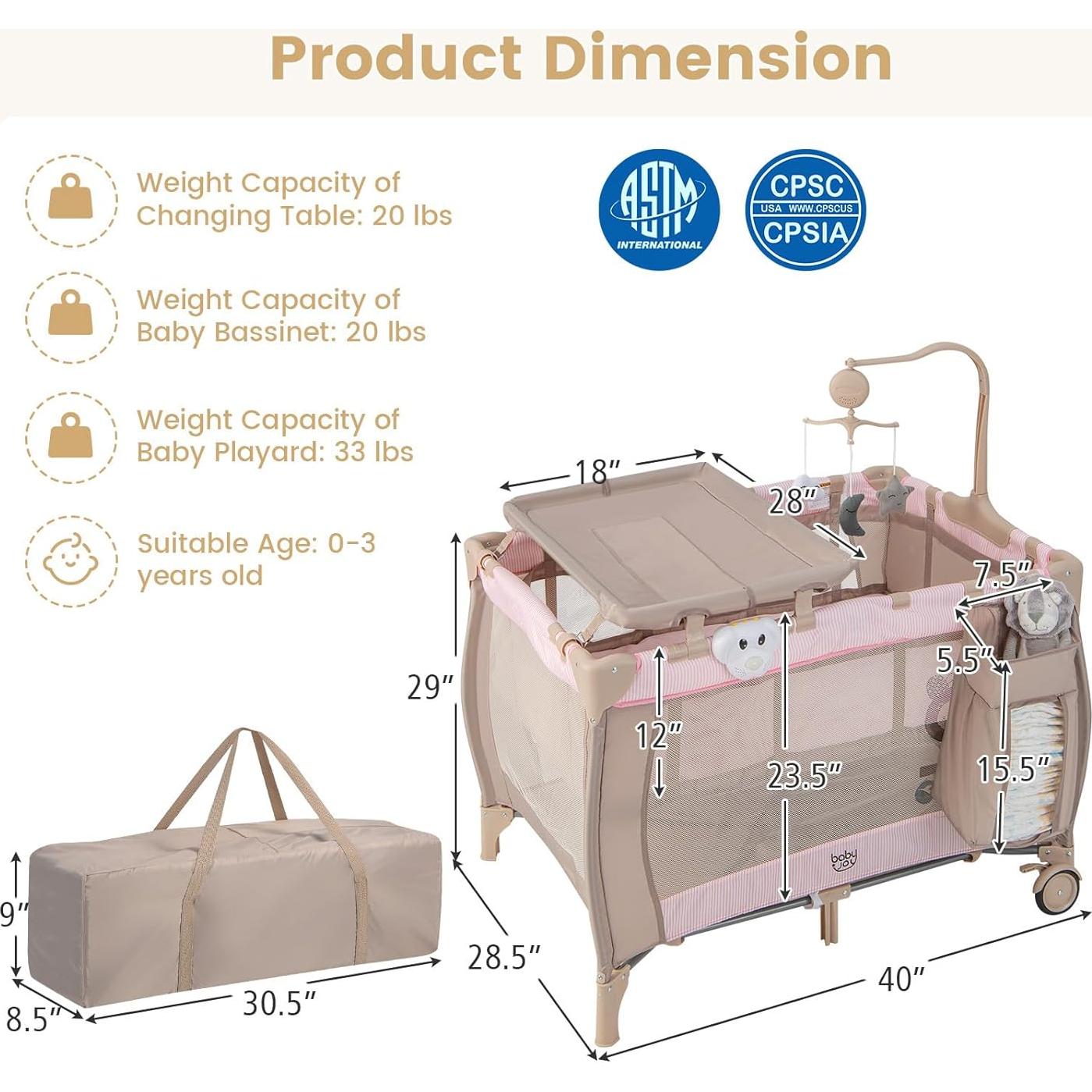 Cuna de Viaje 3 en 1 Costzon Rosa Plegable con Cambiador