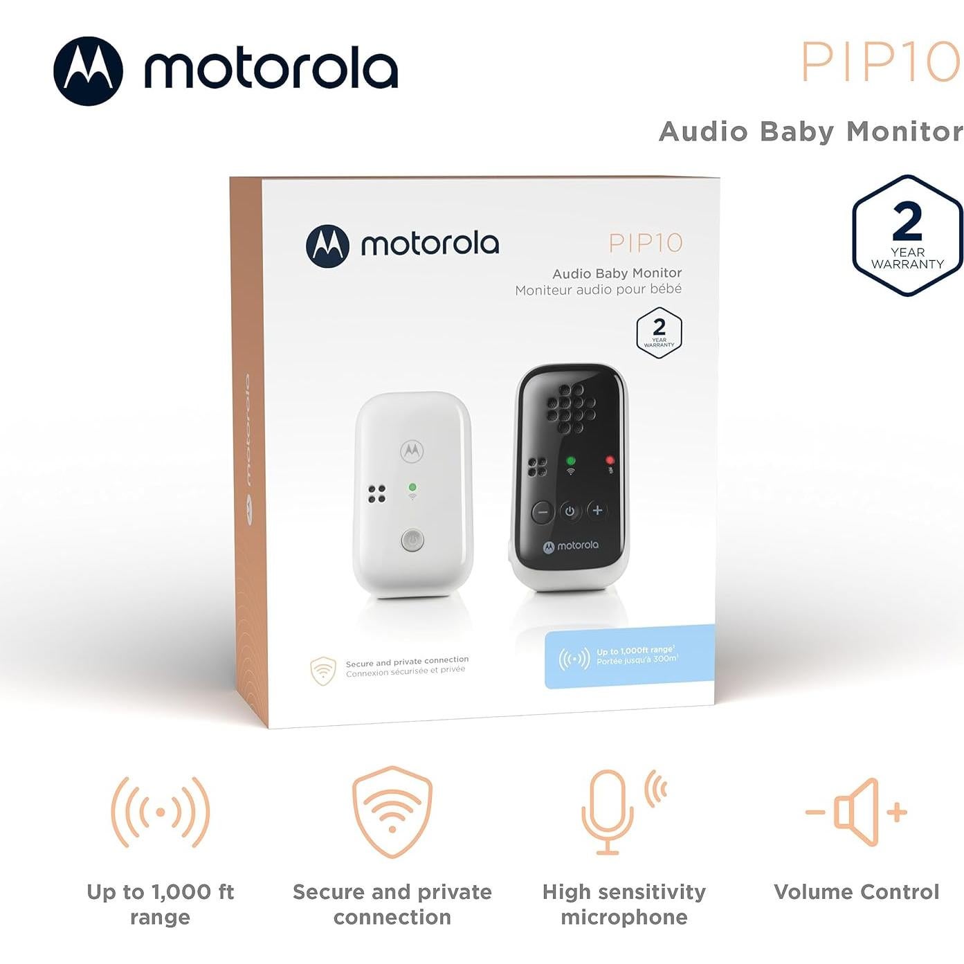Motorola Nursery PIP10 Audio-Only Baby Monitor, 1000ft Range, Sensitive Mic, Alert Light, Portable Parent Unit (Outlet or AAA Battery Not Included)