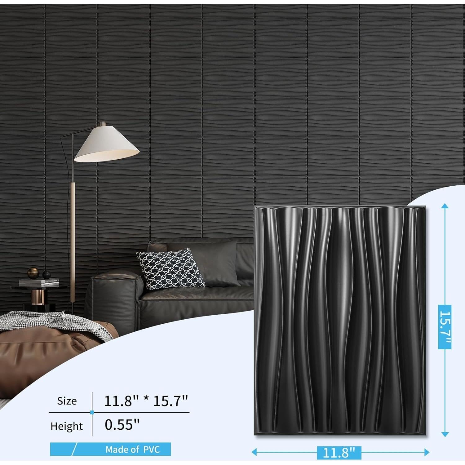 Paneles de Pared 3D Art3d - 24 Unidades PVC Negro 40x30 cm