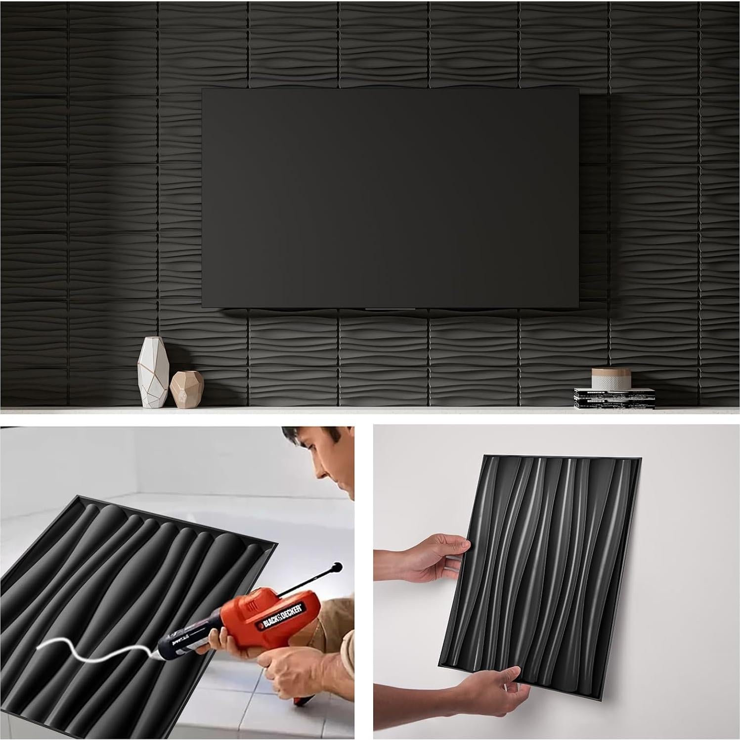 Paneles de Pared 3D Art3d - 24 Unidades PVC Negro 40x30 cm