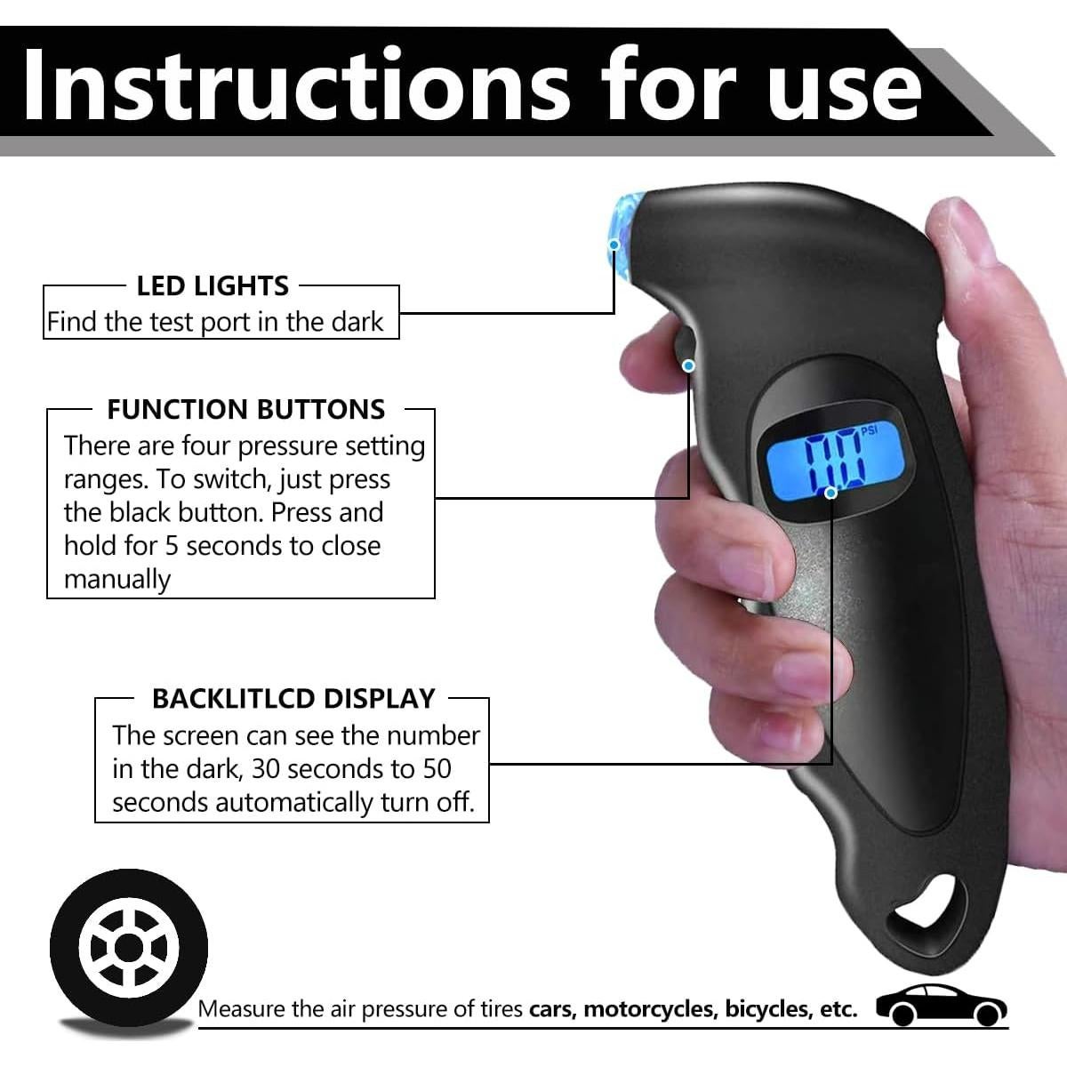 Medidor Digital de Presión de Neumáticos Kewucn 10.34 bar