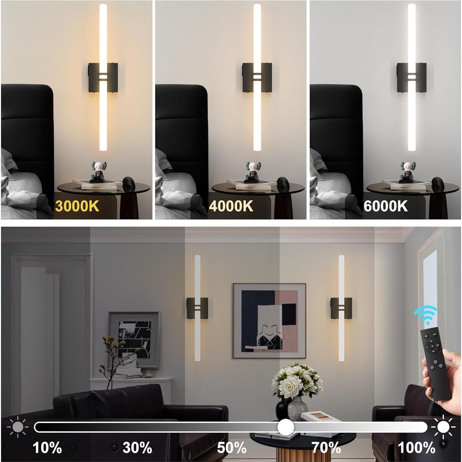 Aplique de Pared Inalámbrico Eicrkodn 55.88 cm Negro con Control Remoto