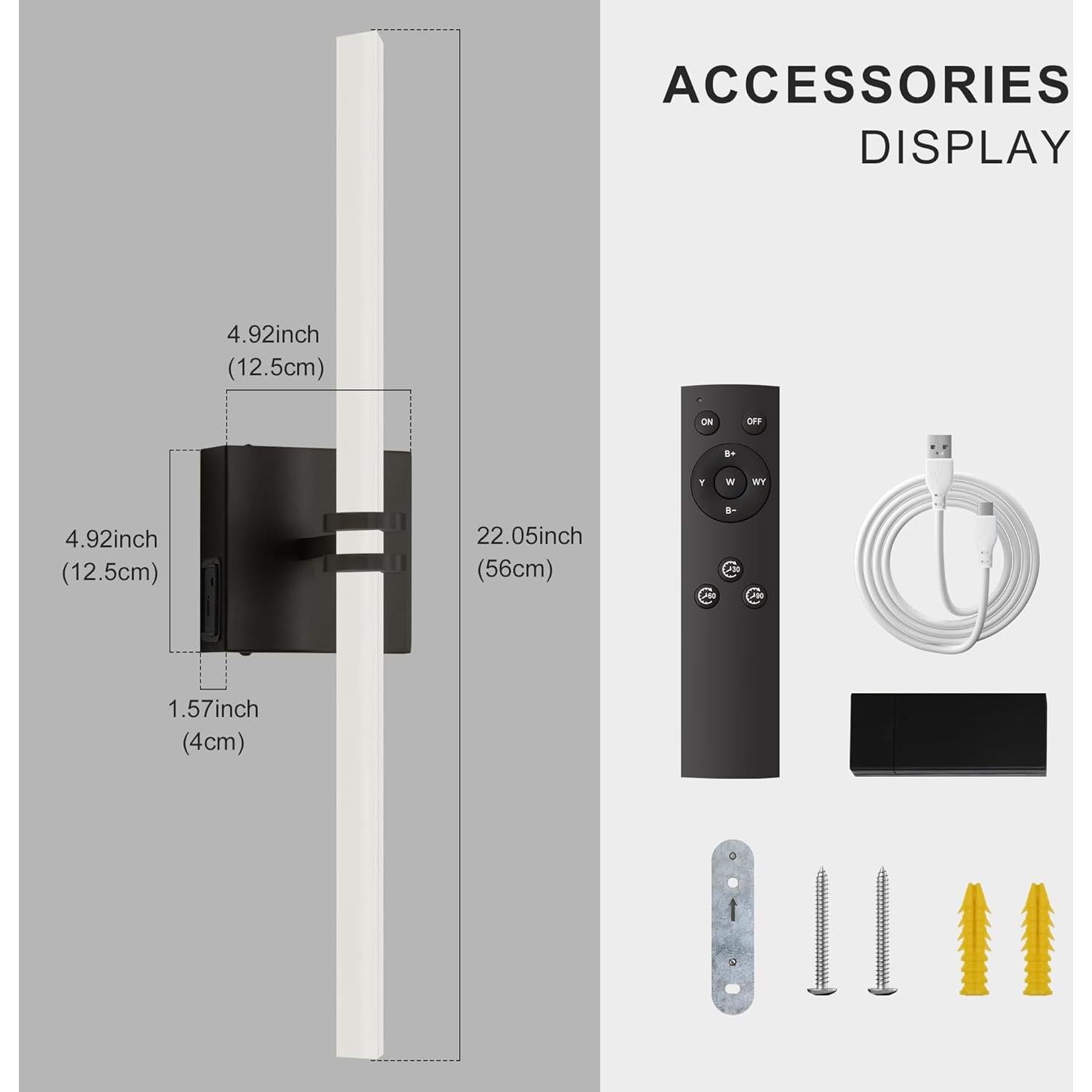 Aplique de Pared Inalámbrico Eicrkodn 55.88 cm Negro con Control Remoto