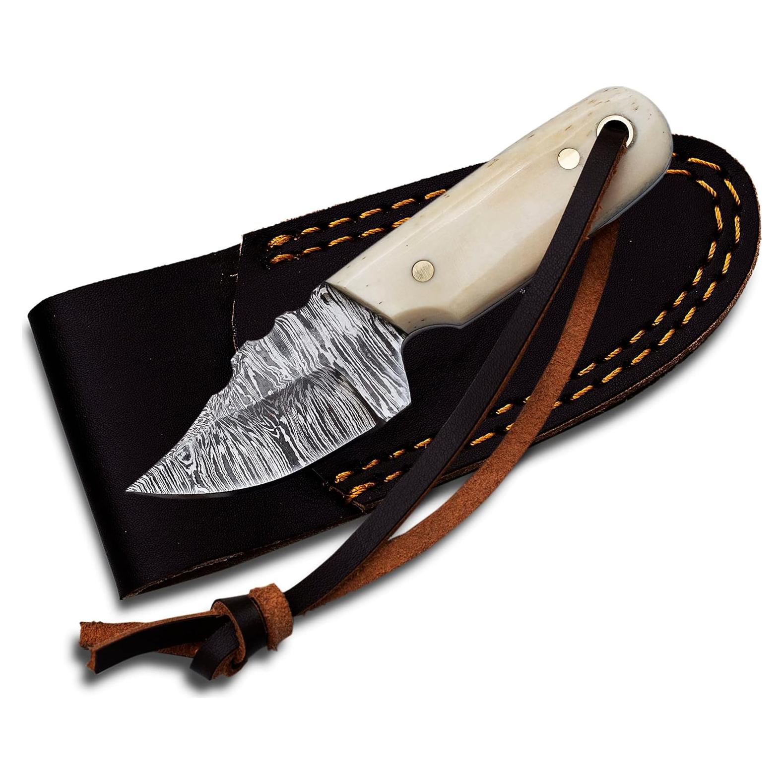 Cuchillo EDC Damasco 11.43 cm con Funda de Cuero Hueso