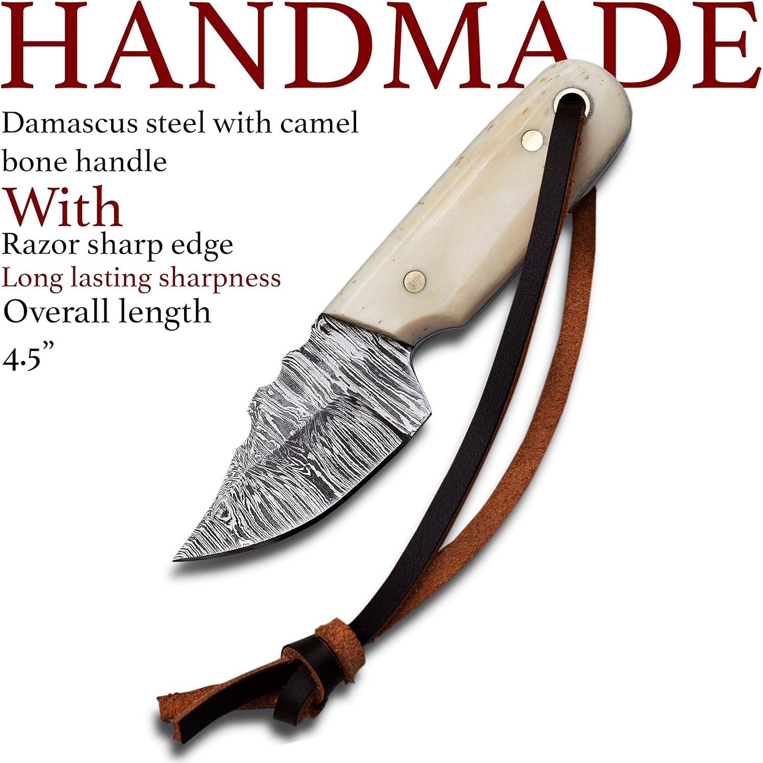 Cuchillo EDC Damasco 11.43 cm con Funda de Cuero Hueso