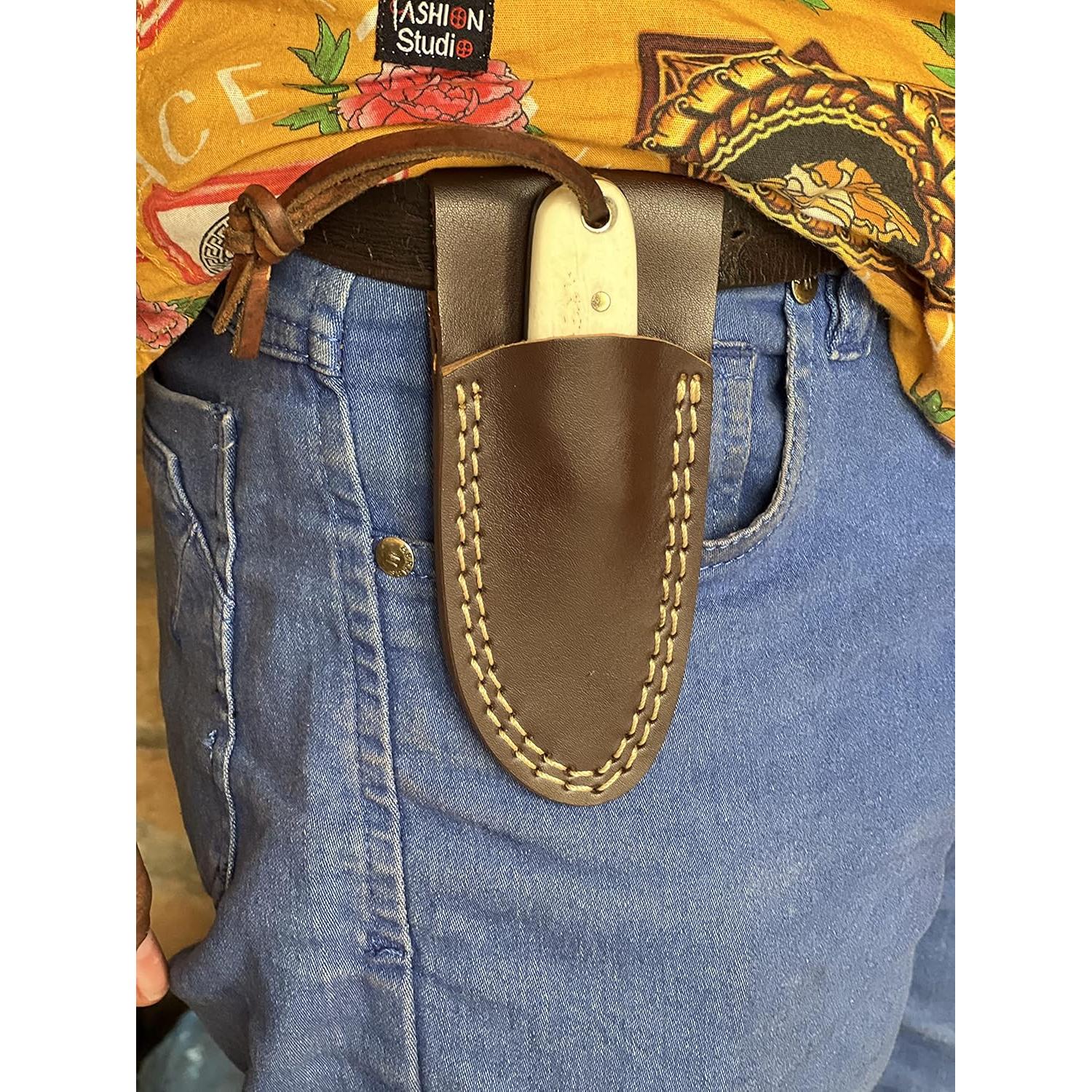 Cuchillo EDC Damasco 11.43 cm con Funda de Cuero Hueso