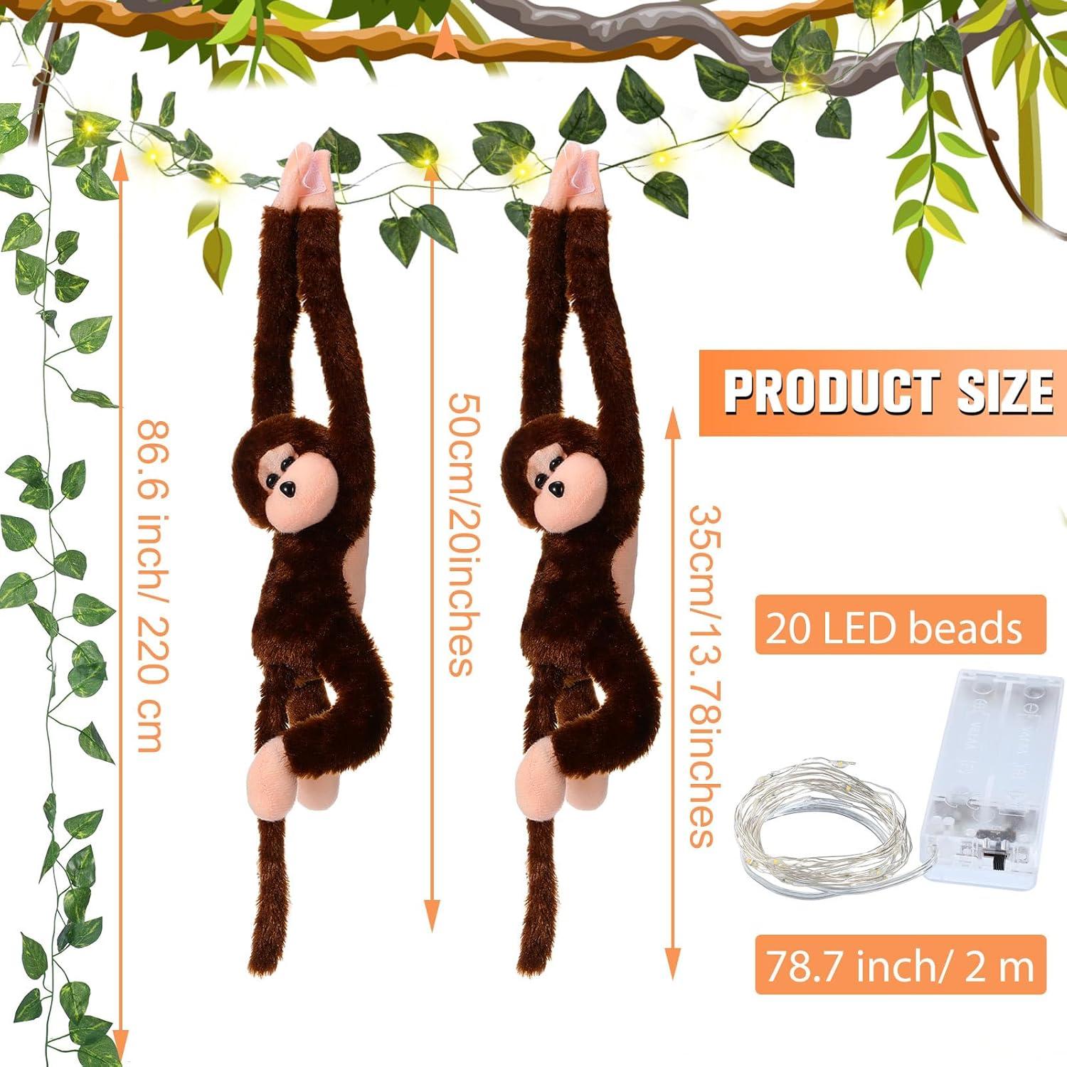 12 Monos Colgantes de Peluche Marrón con Luces LED y Hiedra