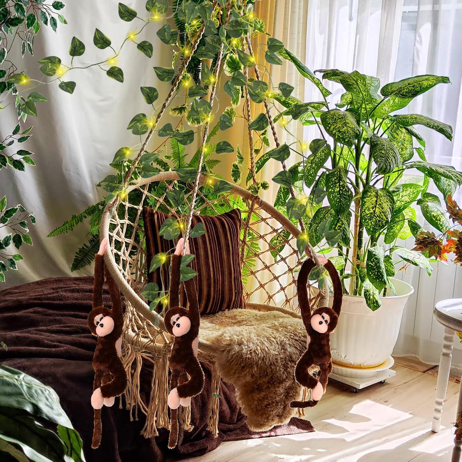 12 Monos Colgantes de Peluche Marrón con Luces LED y Hiedra