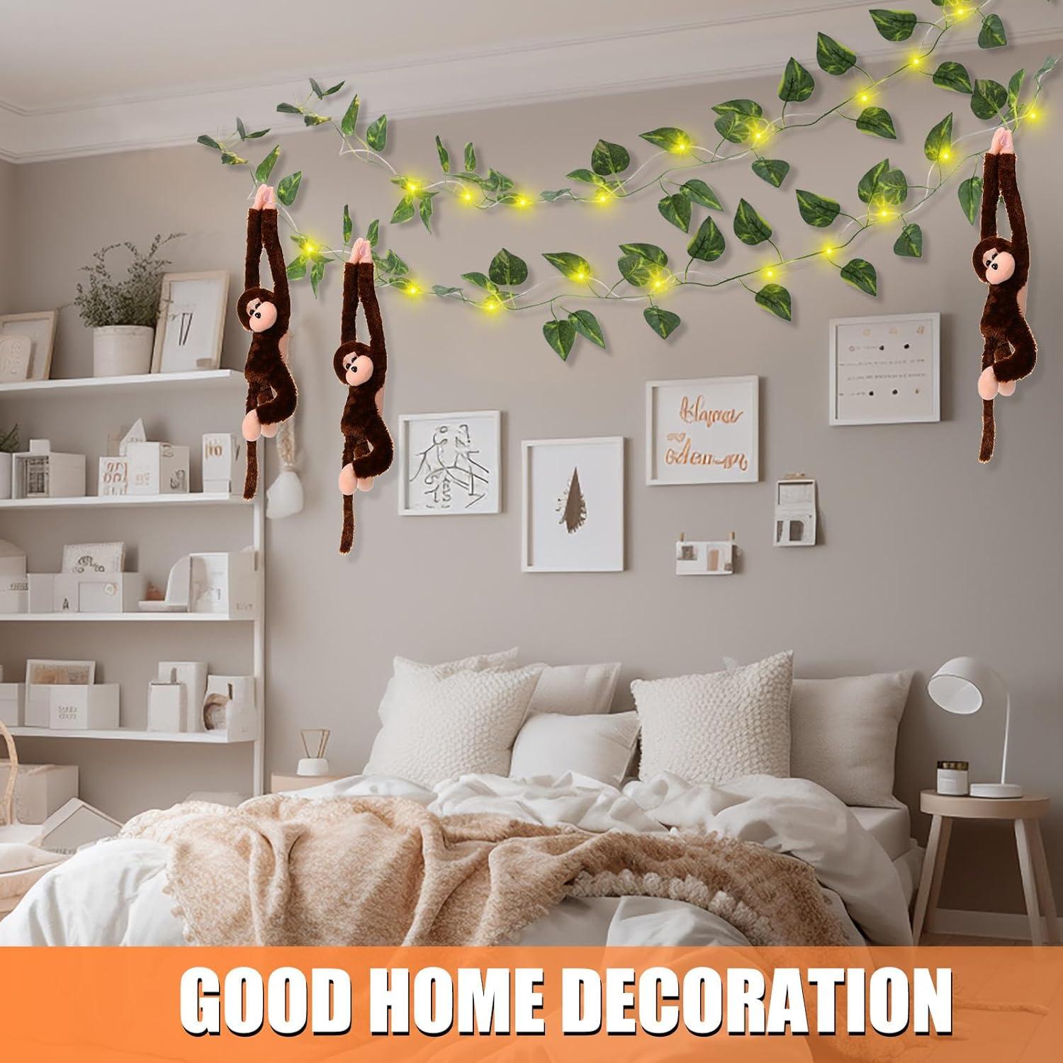 12 Monos Colgantes de Peluche Marrón con Luces LED y Hiedra