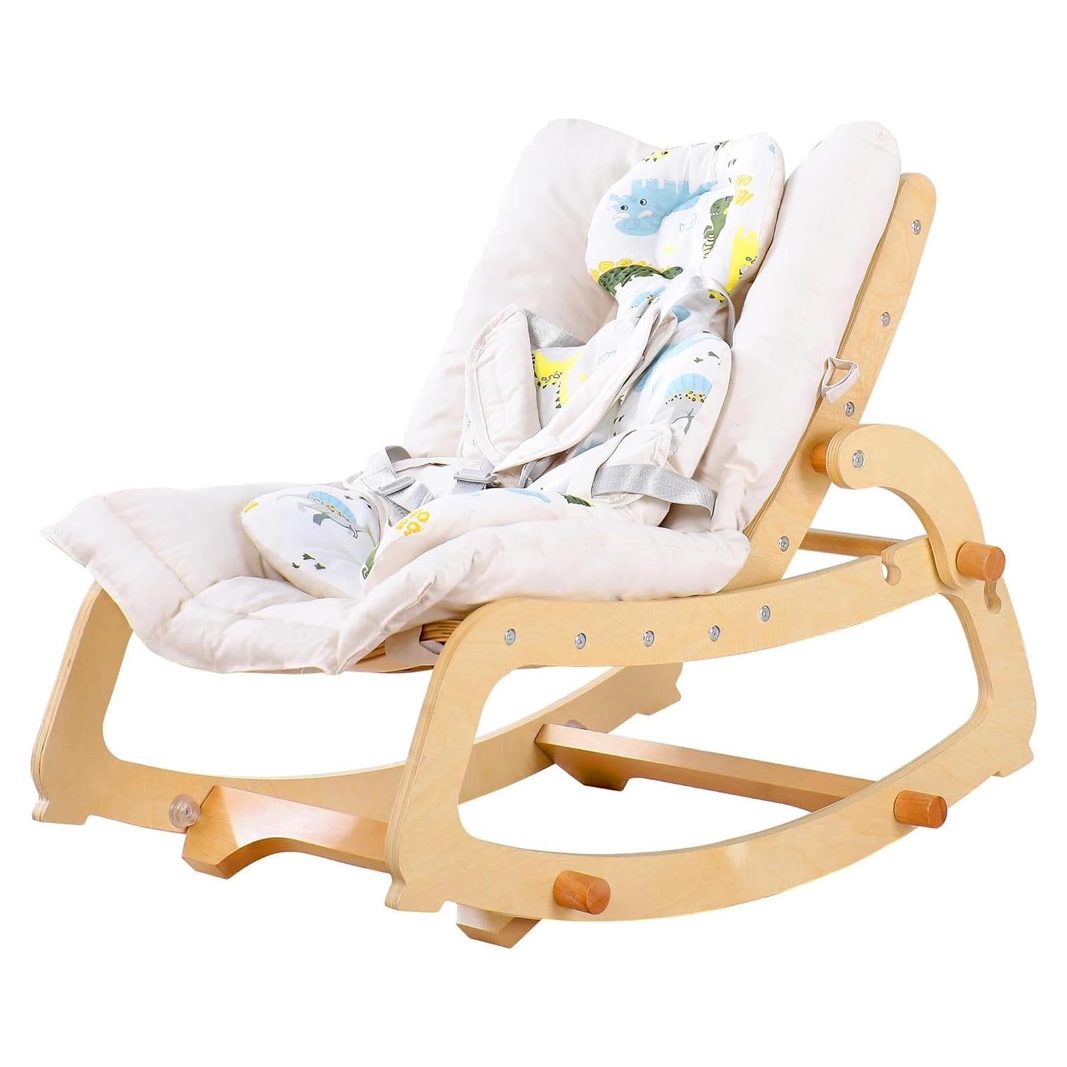 MallBest 3-in-1 Double Cushion Baby Bouncer Adjustable Wooden Rocker Chair Recliner with Removable Cushion and Seat Belt for Infant to Toddler (Beige)